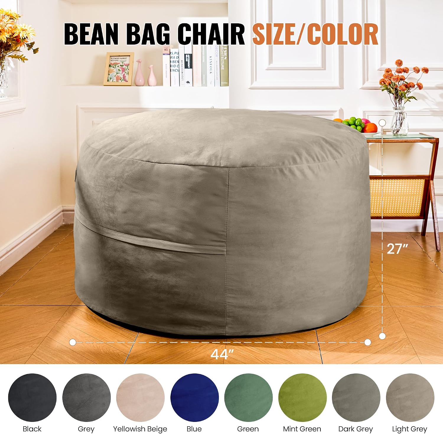 4FT Bean Bag Chair, Bean Bag Chairs for Adults and Kids, Fluffy and Comfy Bean Bag with Velvet Cover, Bean Bag with Memory Foam Filled for Gaming, Living Room, Playroom (Light Grey)