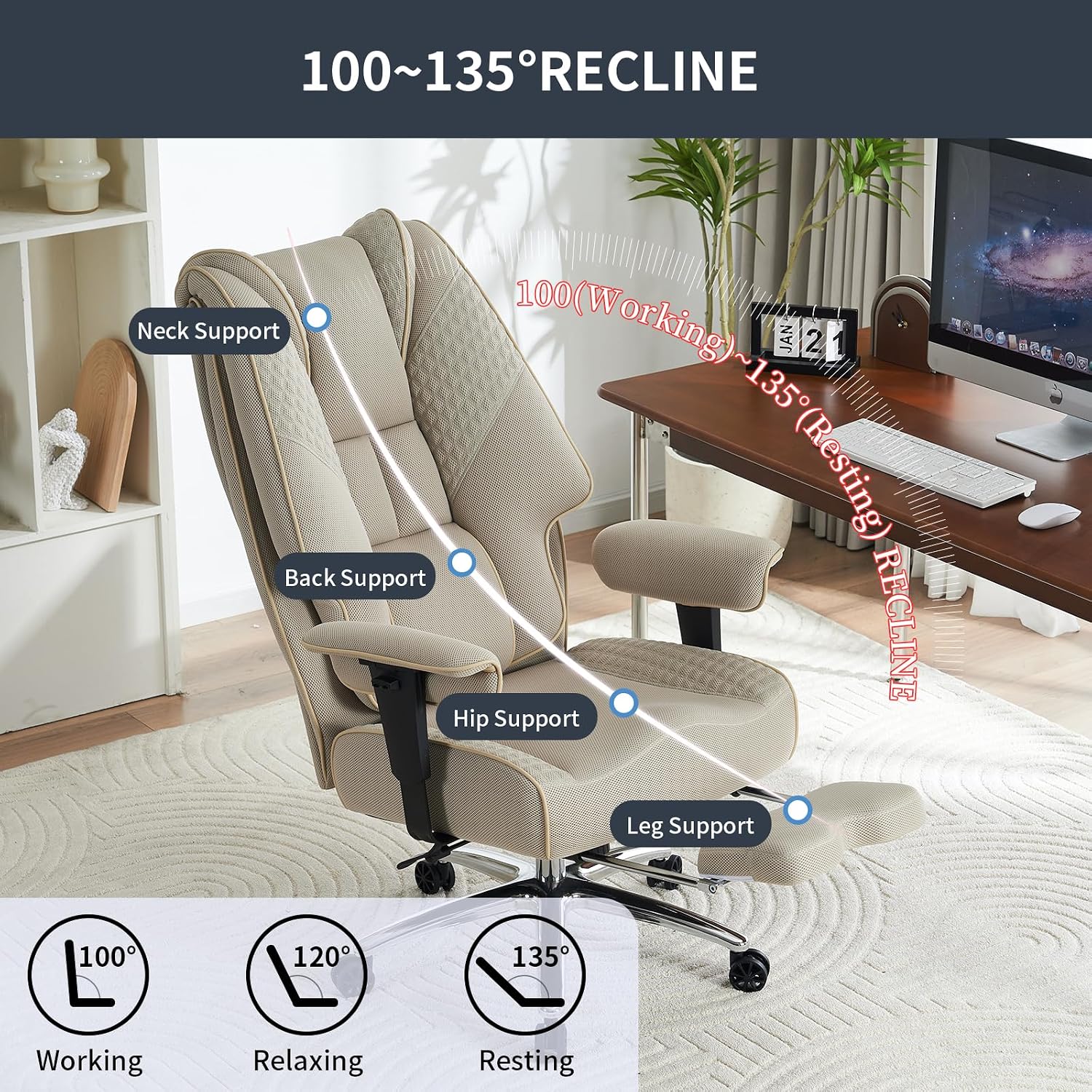 EXCEBET Big and Tall Office Chair 400lbs Wide Seat, Leather High Back Executive Office Chair with Foot Rest, Ergonomic Chairs Lumbar Support for Lower Back Pain Relief (Mesh Dark Beige)