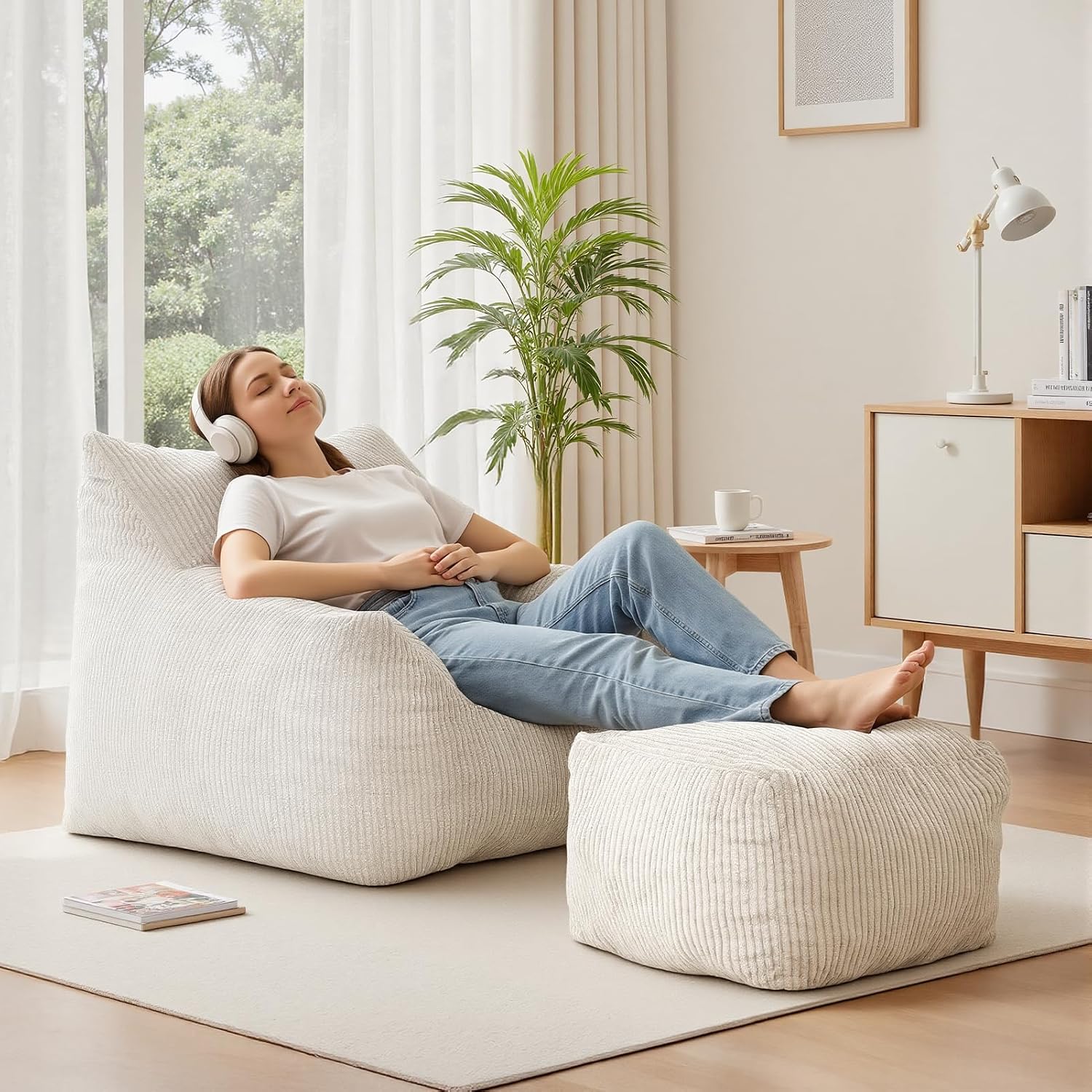 Bean Bag Chair with Ottoman, Cloud Boneless Couch - Oversized Memory Foam Beanbag Set, Ultimate Gift for Adults & Teens, Plush Corduroy Comfy Lounge Sofa for Bedroom, Dorm & Living Room (Beige)
