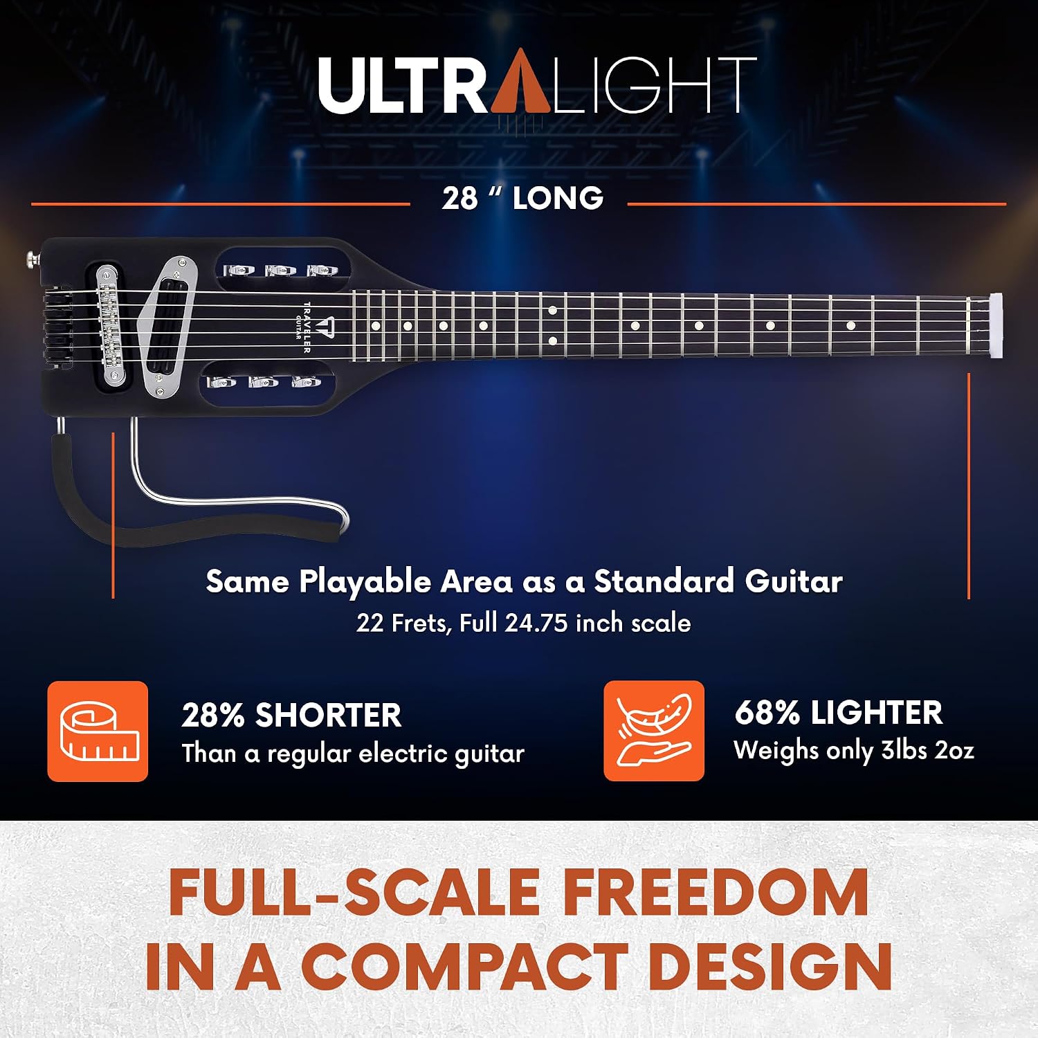 Traveler Guitar Ultra-Light Electric Guitar Matte Black | Portable Electric with Removable Lap Rest | Full 24 3/4' Scale Headless Guitar | Custom Gig Bag Included