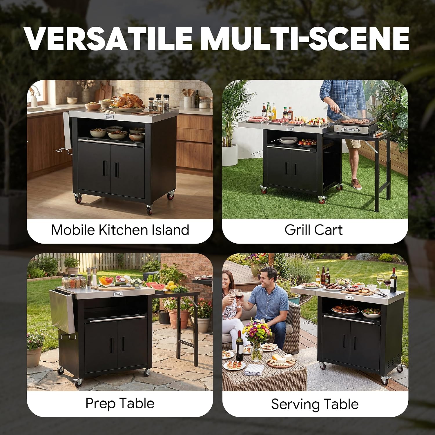 Outdoor Kitchen Island with Cabinet, Outdoor Grill Table with Stainless Steel Top for Pizza Oven& Griddles, Movable Bar Cart with Pull-Out Plate for Parties& Gathering, Heavy-Duty, L74'x W24'