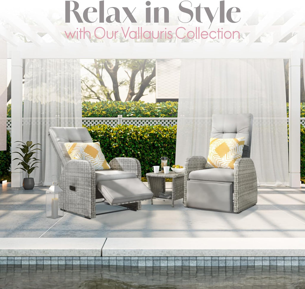 Elle Decor Vallauris Patio Outdoor Furniture Collection, Premium All Weather Wicker, 3 Piece Reclining Set, Gray