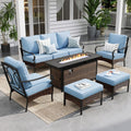 Sophia & William Patio Furniture Set with 56' Fire Pit Table, Metal Outdoor Conversation Set Patio Sectional with 3-Seater Sofas, 2 Fixed Chairs, 2 Ottomans, 1 Firepit Table for Porch Deck, Blue