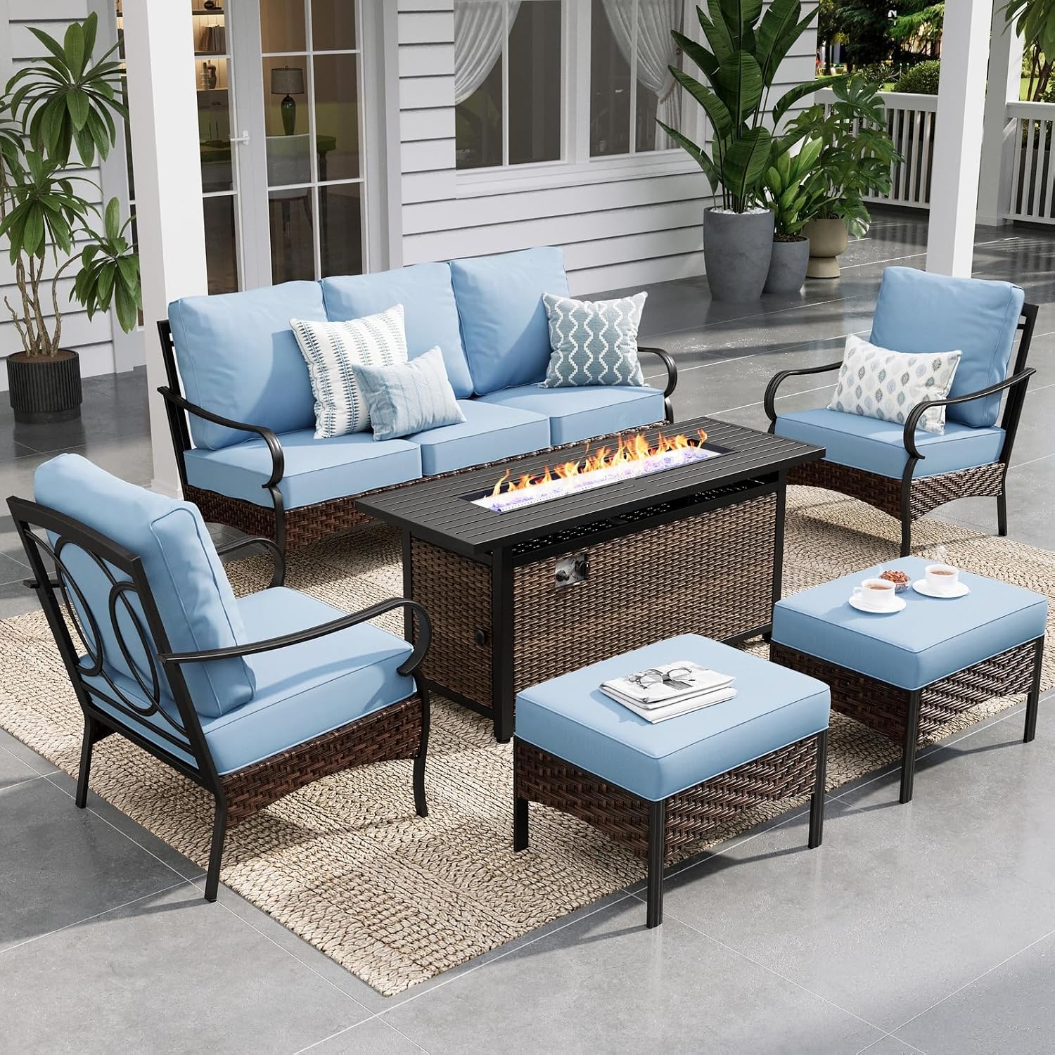Sophia & William Patio Furniture Set with 56' Fire Pit Table, Metal Outdoor Conversation Set Patio Sectional with 3-Seater Sofas, 2 Fixed Chairs, 2 Ottomans, 1 Firepit Table for Porch Deck, Blue