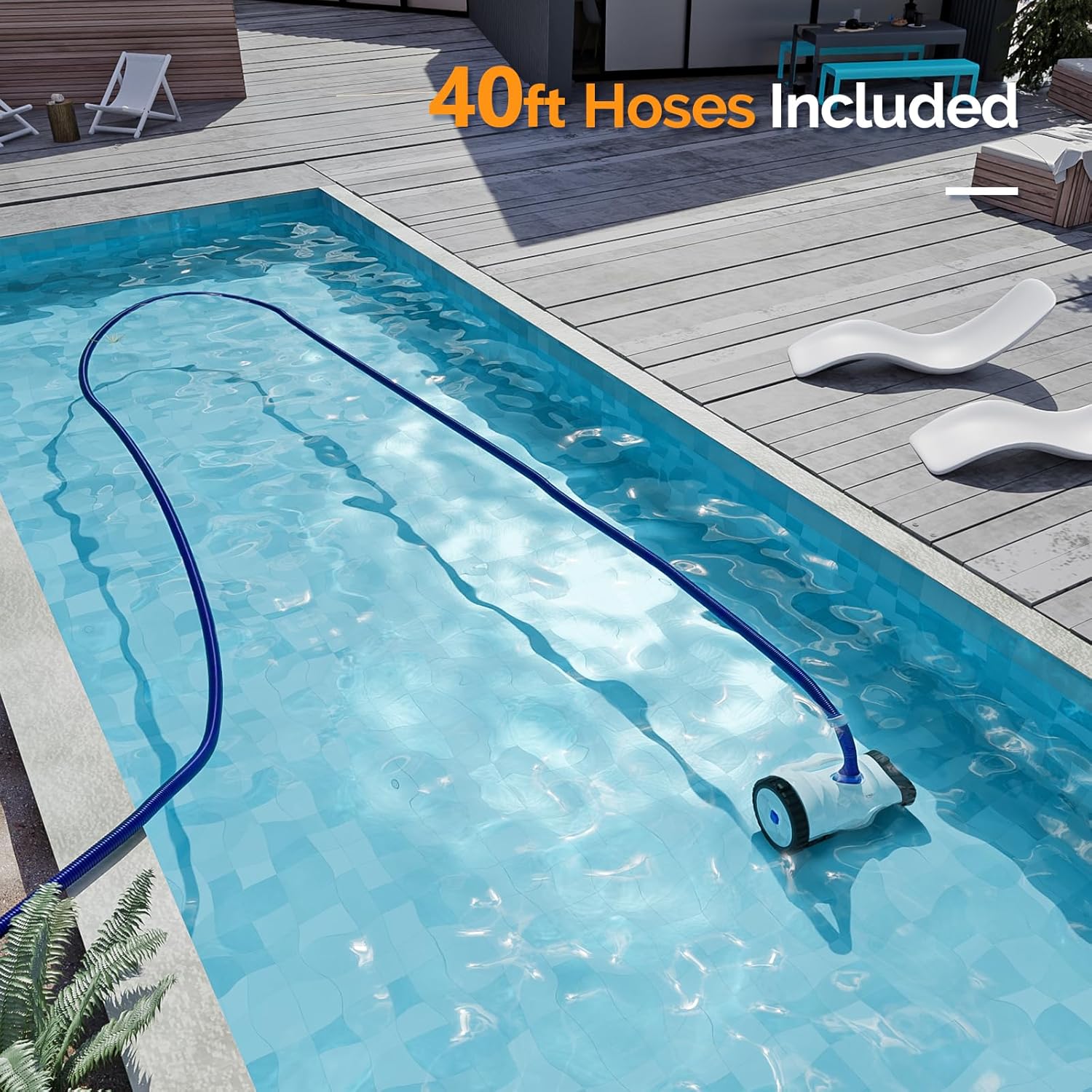 VINGLI Automatic Suction Pool Cleaner Robot for Inground Pools – Powerful Suction-Side Vacuum with 40FT Tangle-Free Pool Cleaner Hose - Ideal for Pool Cleaning Kits & Equipment, Navy Blue&White