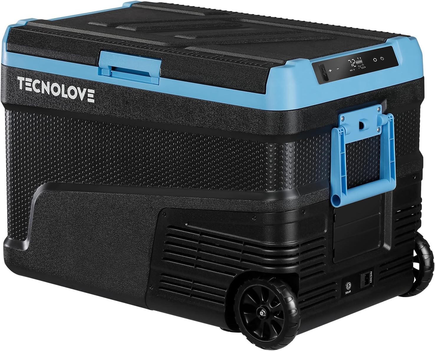 45L Car Refrigerator Freezer, -4℉~68℉ 48QT Single Zone Portable Compressor Cooler with Reversible Door, Battery Slot, All-Terrain Wheels, 100–240V AC / 12V / 24V DC Powered, LED Light – Ice Blue