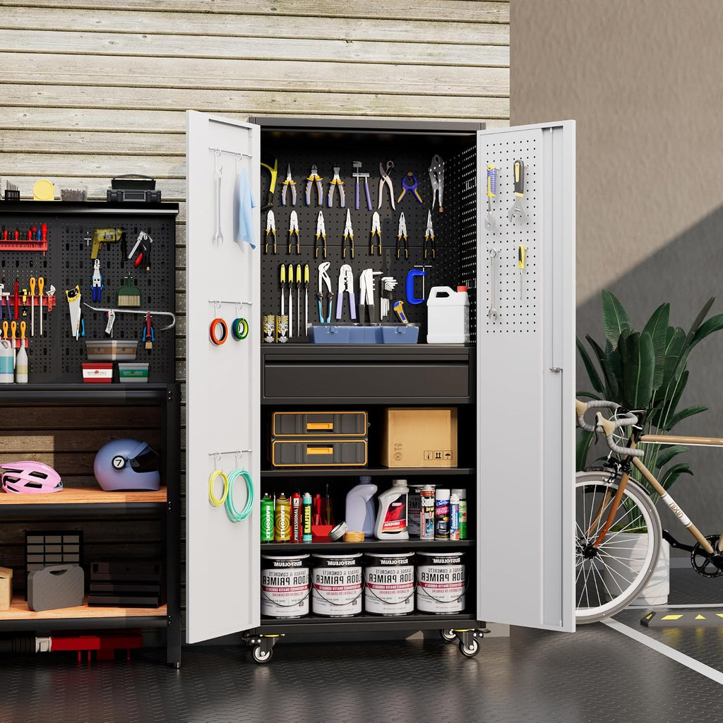 Metal Garage Cabinet with Wheels,71''H Rolling Lockable Steel Tool Storage Cabinet with Pegboard &1 Drawer for Garage,Home,Office,Black Gray, Assembly Required
