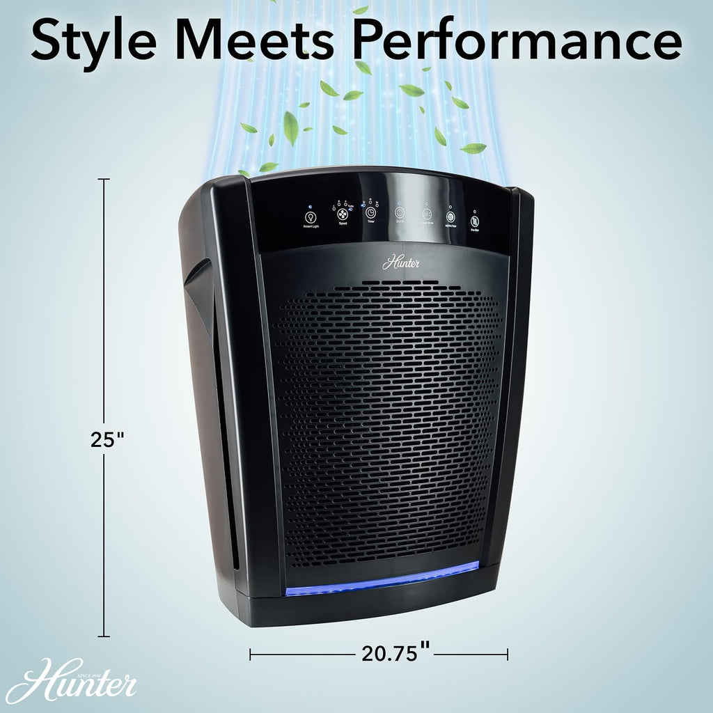 Hunter HP800 Air Purifiers for Home Large Room and Bedroom. True HEPA Air Purifier for Pets, Odors, Allergens, Smoke, Dust, VOC's. 4 Fan Speeds, Quiet Sleep Mode. Cleans 2585 Ft² per Hour. Black