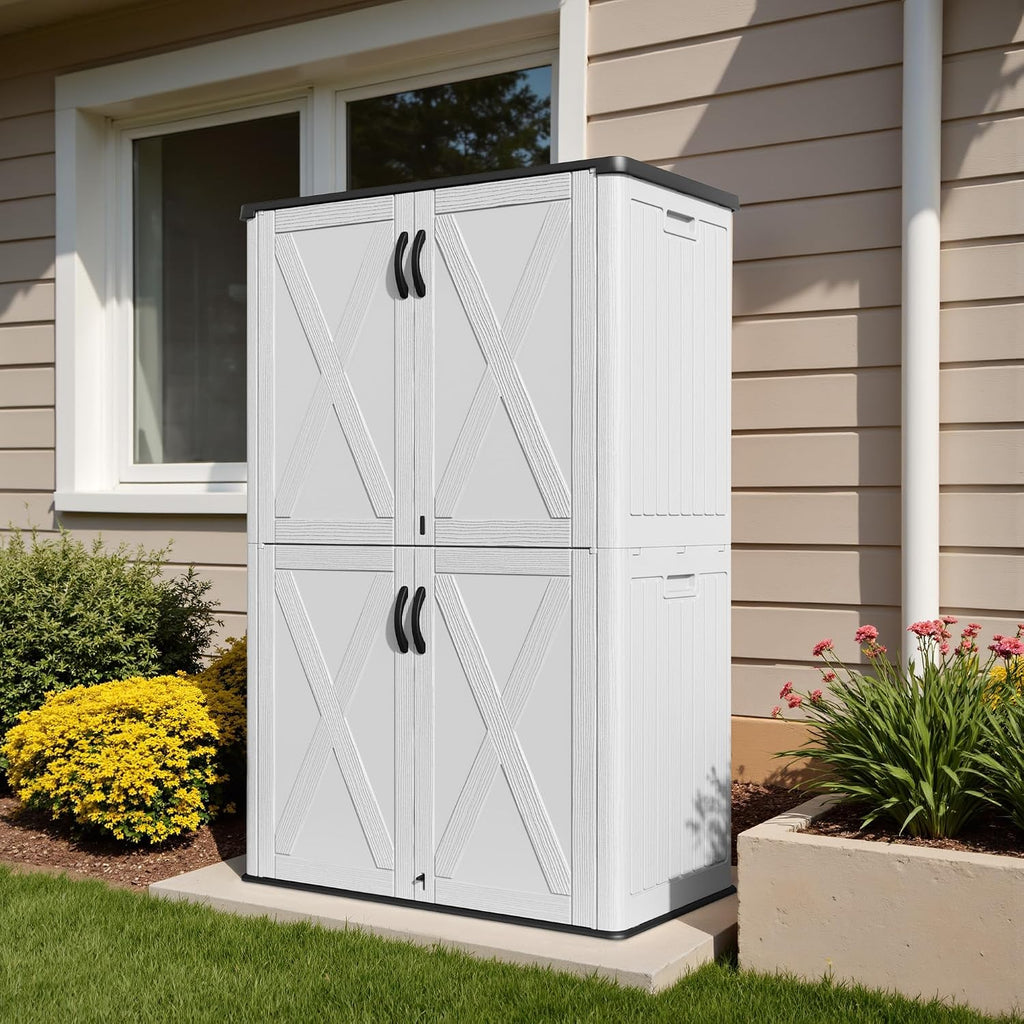 Devoko 50 Cu Ft Plastic Outdoor Storage Shed, Vertical Resin Storage Cabinet with Lockable Door, Durable Storage Shed for Patio Furniture, Pool Toys, Garden Tools, White, Shelf Not Included