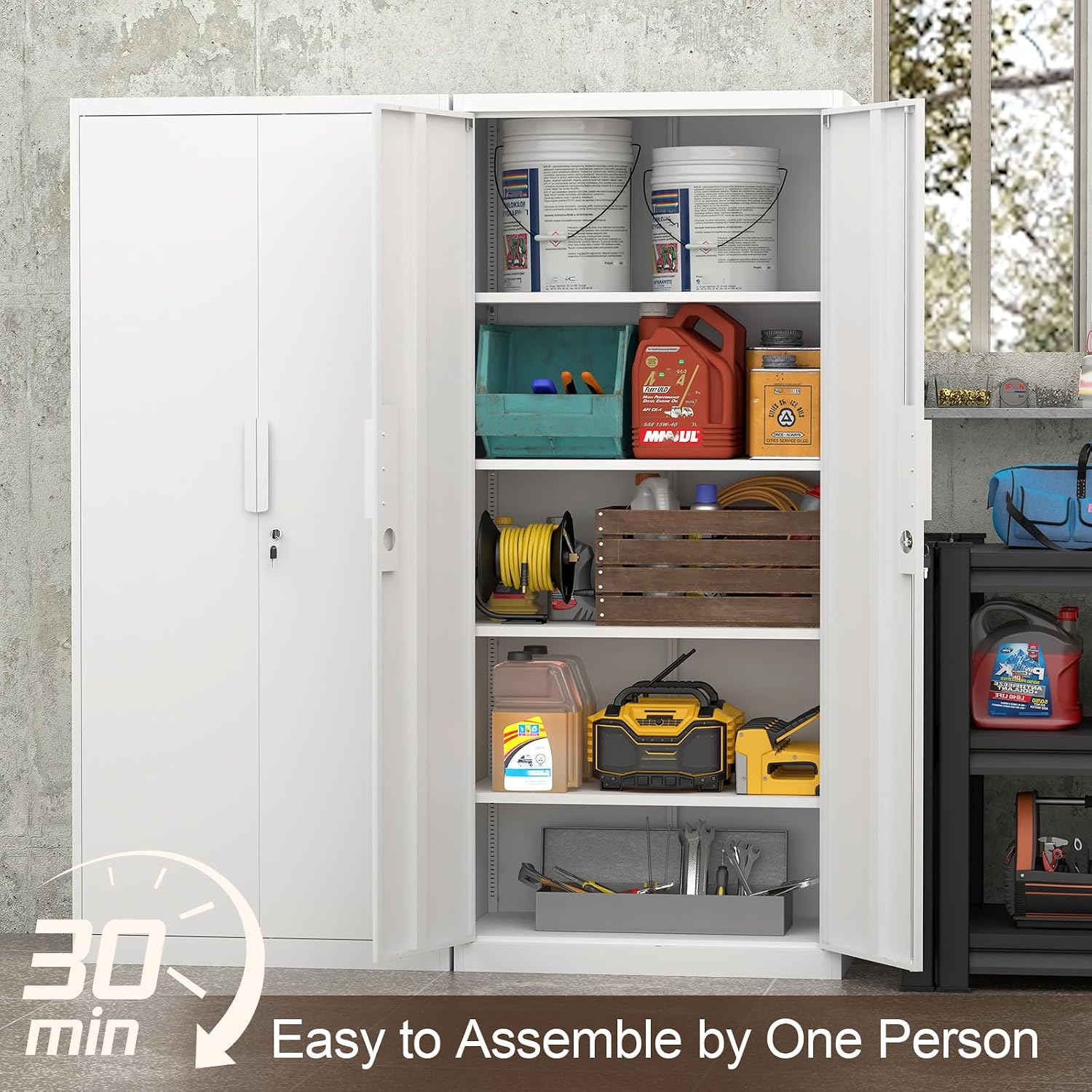 GREATMEET Garage Storage Cabinets, Metal Storage Cabinet with 2 Doors and Shelves, 71' H Metal Pantry, Lockable Storage Cabinets, Tool Storage Utility Cabinet for Office, White