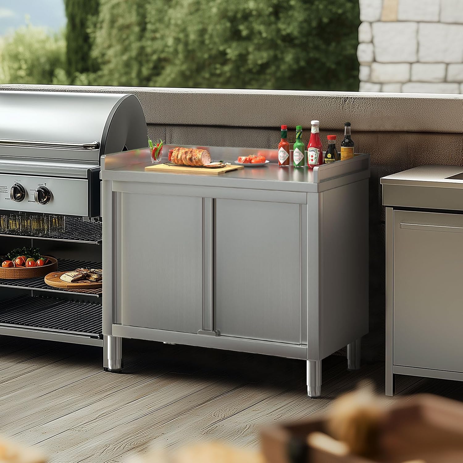 Stainless Steel Cabinet with Baffle 39'x20', Commercial Kitchen Work Table for Prep&Work, Kitchen Cabinet with Sliding Doors,Heavy Duty Prep Table for Restaurant,Garage,Warehouse