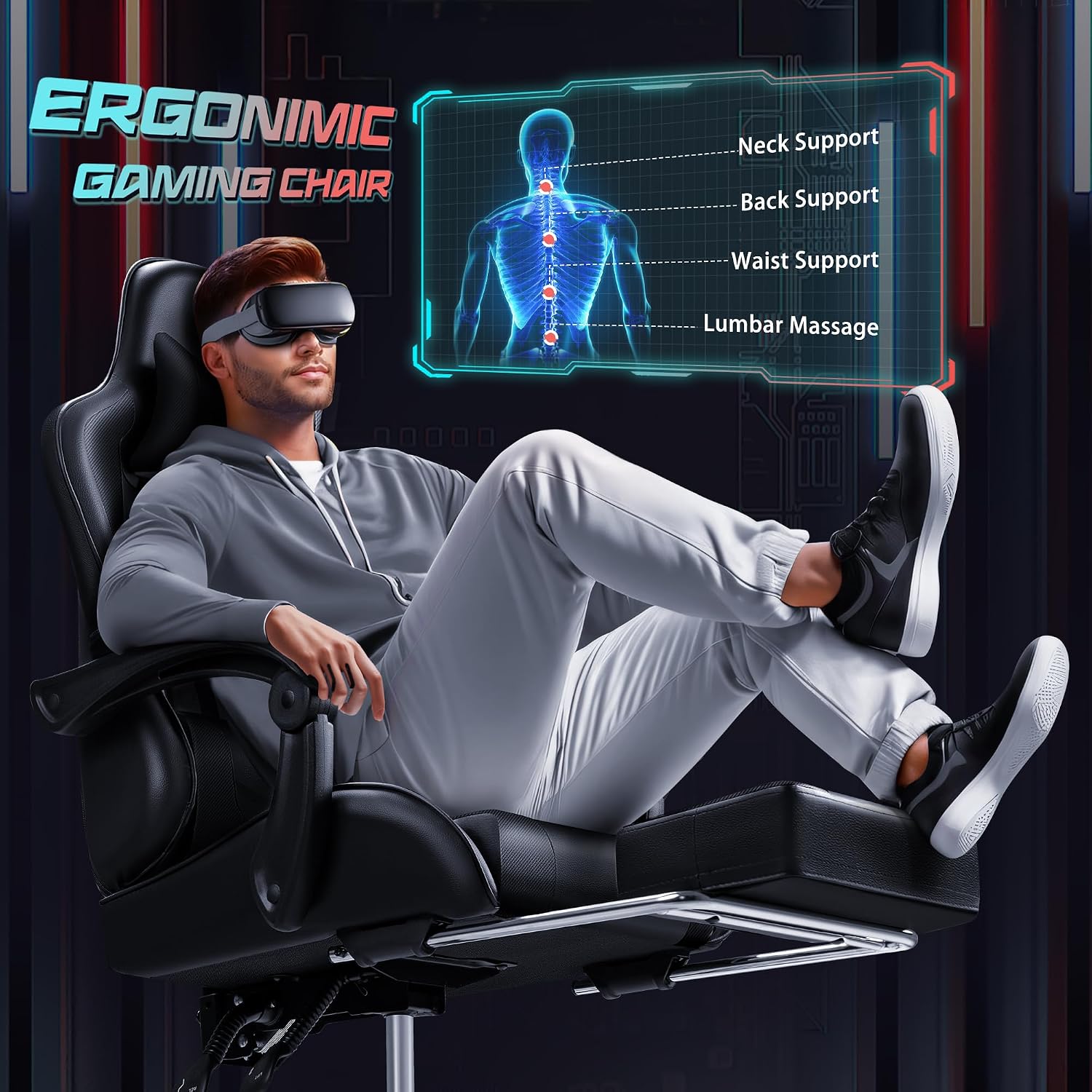 JUMMICO Gaming Chair Ergonomic Computer Chair with Footrest and Massage Lumbar Support, Height Adjustable Video Gaming Chair with 360° Swivel Seat and Headrest (Black)