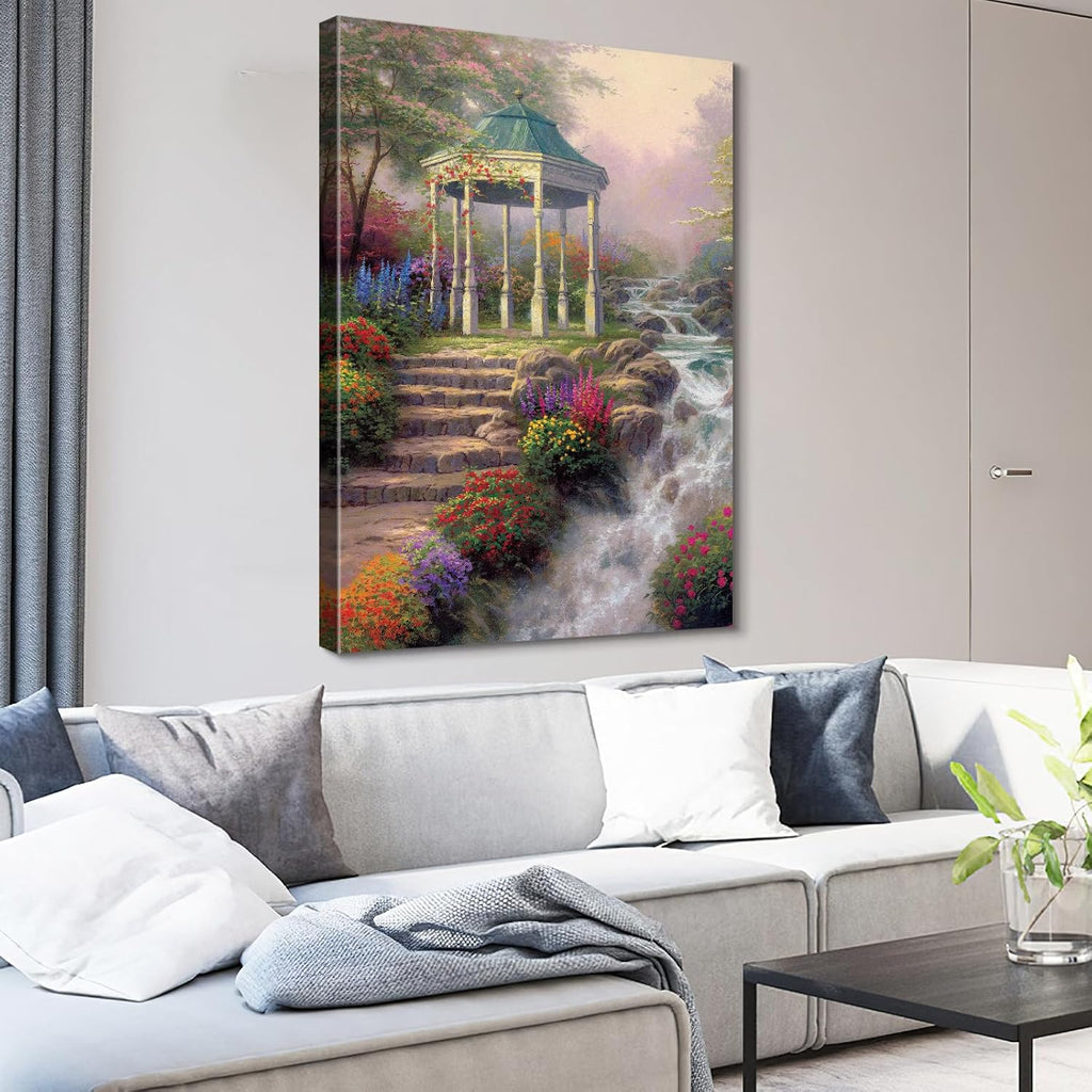 STUDIO HAVEN Thomas Kinkade Canvas Wall Art, Ornate Garden Pavilion Cascading Stream Colorful Wildflowers Oil Painting Poster Tranquil Nature Wall Decor, Framed Prints for Home Decor, 32x48Inch