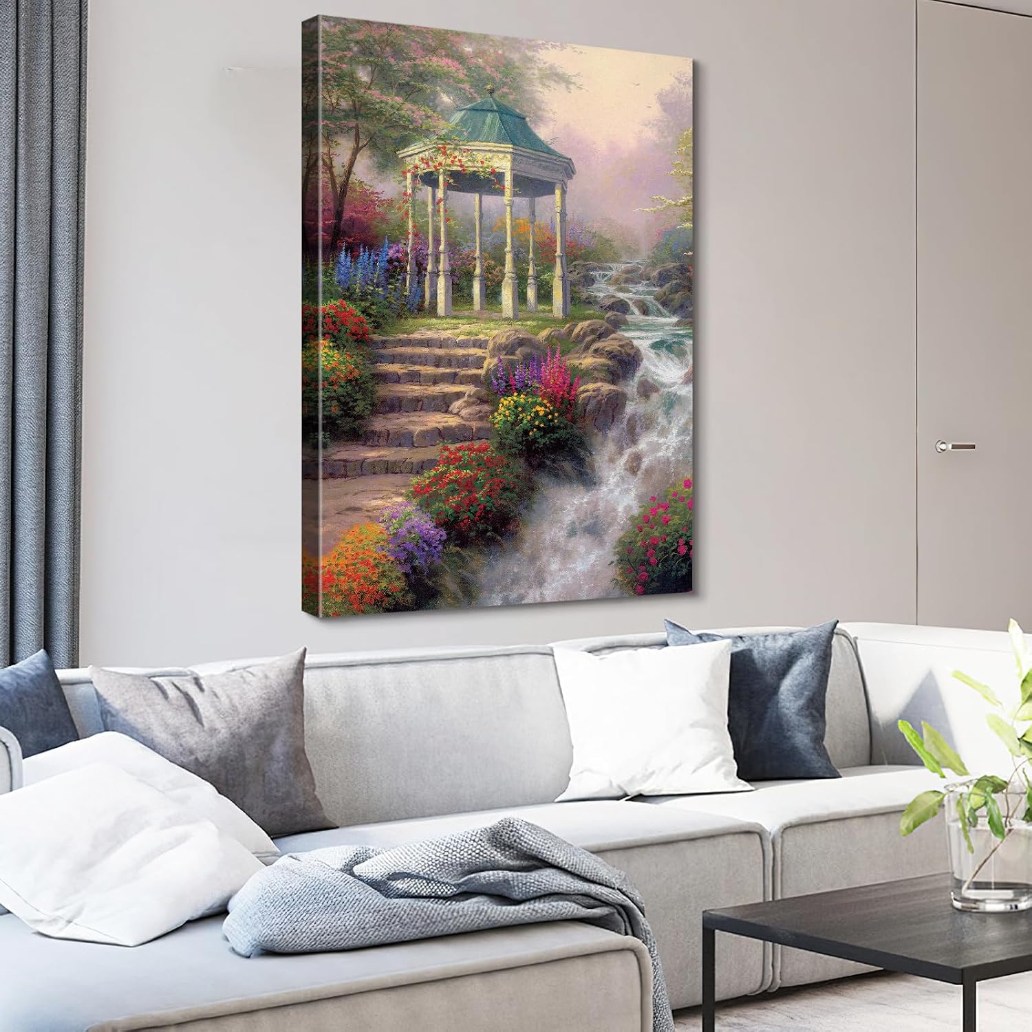 STUDIO HAVEN Thomas Kinkade Canvas Wall Art, Ornate Garden Pavilion Cascading Stream Colorful Wildflowers Oil Painting Poster Tranquil Nature Wall Decor, Framed Prints for Home Decor, 32x48Inch