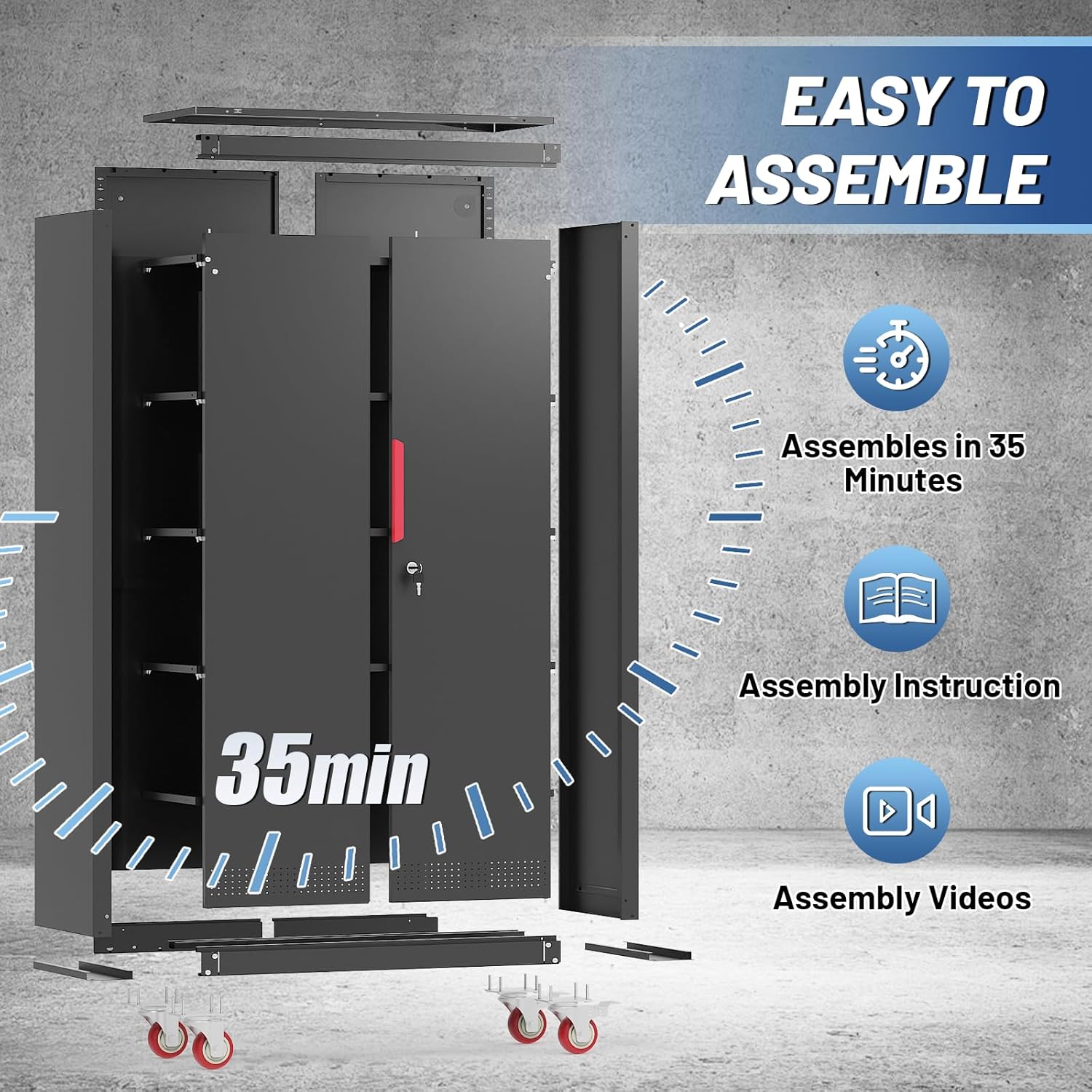 Metal Storage Cabinet with Wheels,71' Garage Cabinets with 4 Adjustable Shelves and Lockable Doors,Black Locking Cabinet Suitable for Garages,Home,Office