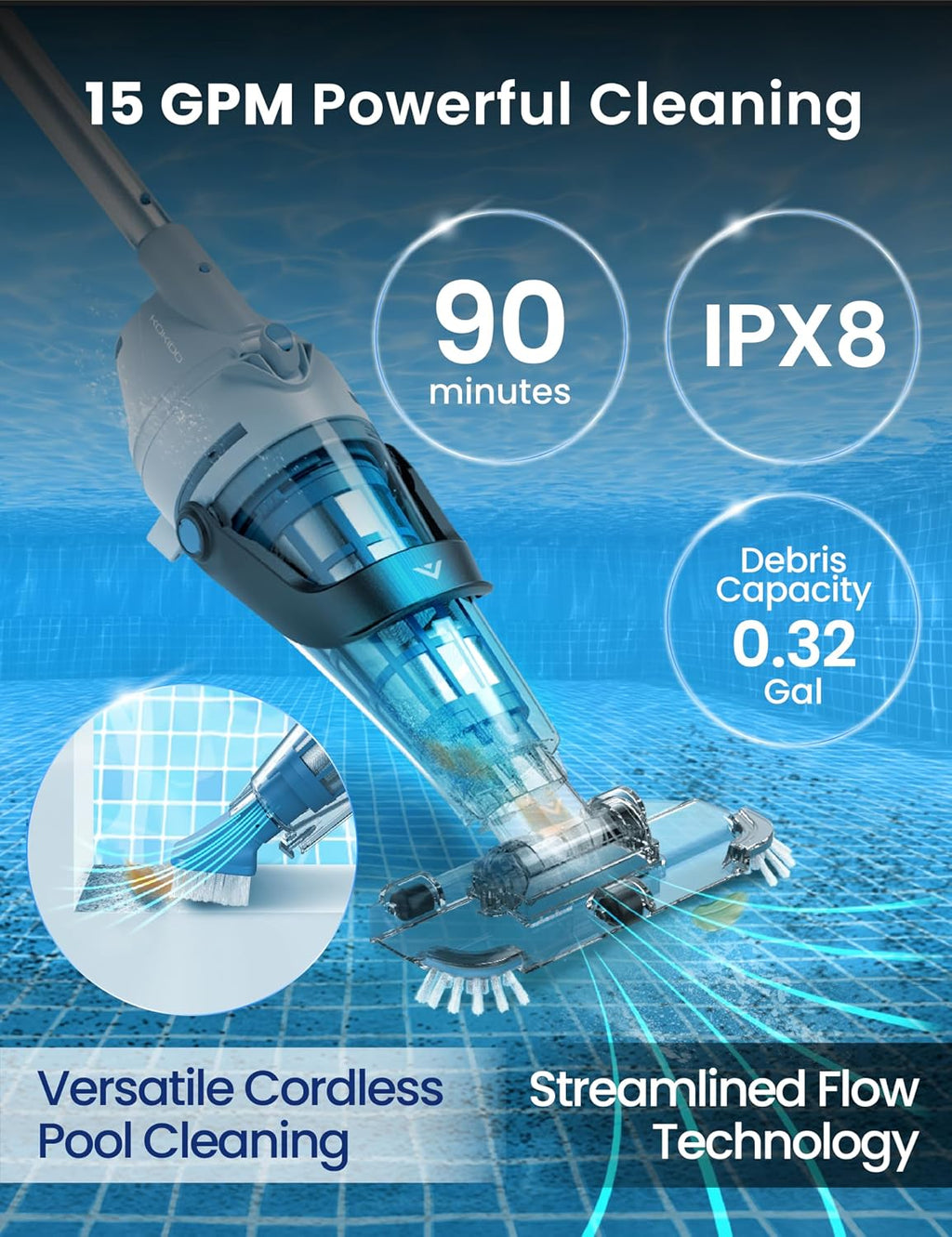 KOKIDO 2026 Rechargeable Cordless Pool Vacuum for Above Ground Pool, Stainless Steel Filter, 15GPM Flow Rate, 90mins, Dual Filters, 2 Vac Heads, Handheld Pool Cleaner Spot Clean Inground Pools, XV510
