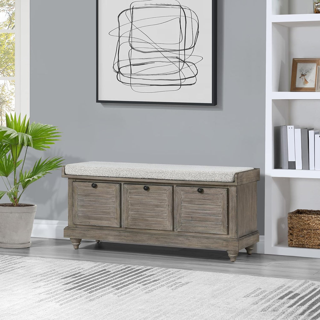 OSP Home Furnishings Dover Coastal Lift-Top Storage Bench with Shutter Face Styling, Goldstone Finish with Salt and Pepper Cushion