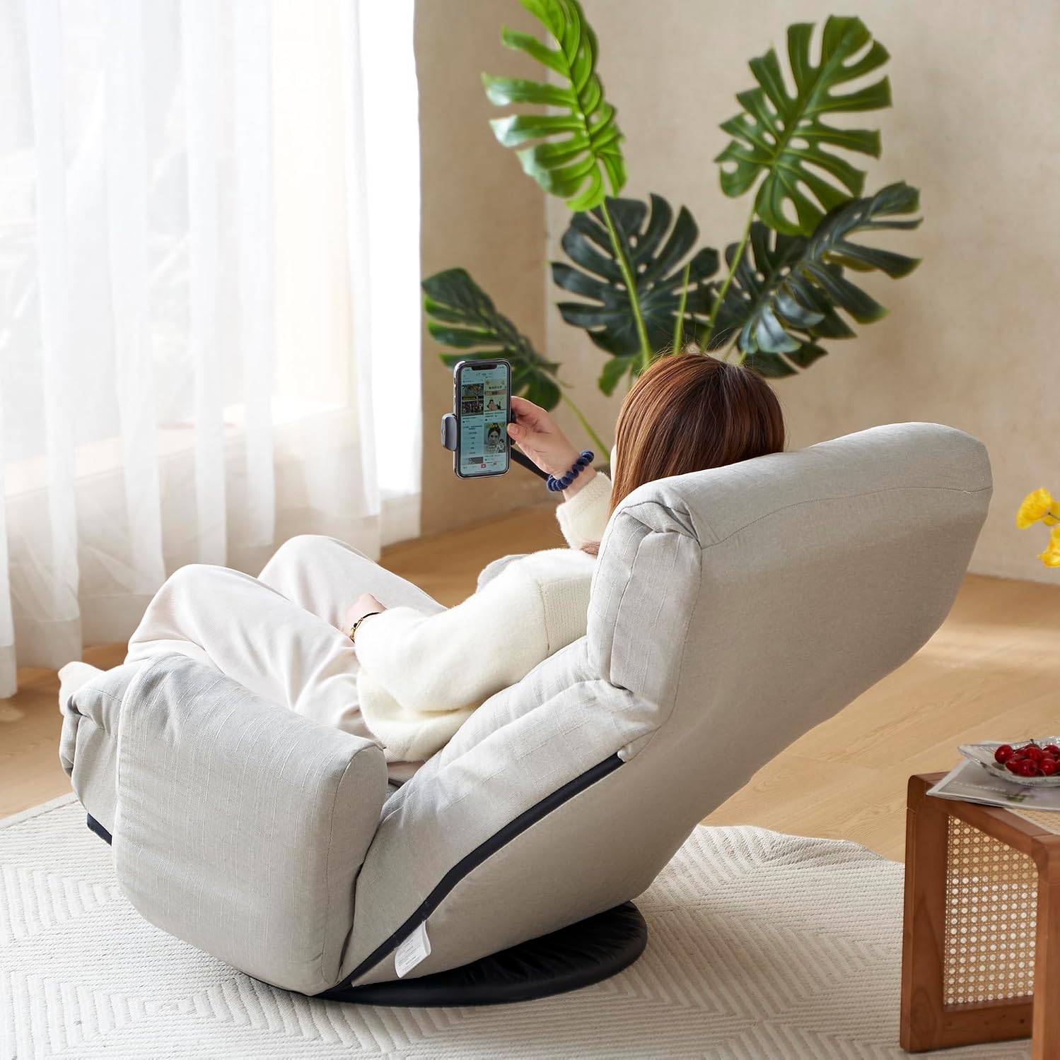 360° Swivel Floor Gaming Chair with 5 Position Adjustable, Folding Gaming Sofas with Phone Holder & Pockets, Cushion Padded Chaise Lounge Chair for Adults, Home Office Floor Leisure Chairs, Grey