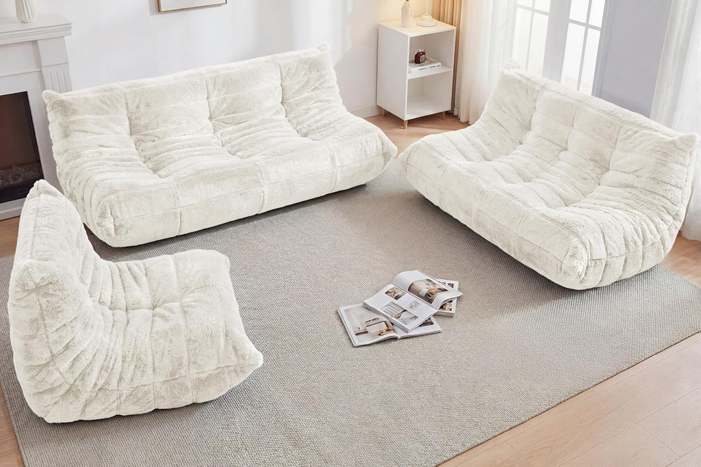 Bean Bag 3-Seater Chair Big Sofa Beanbag Chair for Adults Fireside Chair Bean Bag Lounger with Memory Foam Filled for Home,Apartment or Gaming Venue（Beige Plush）