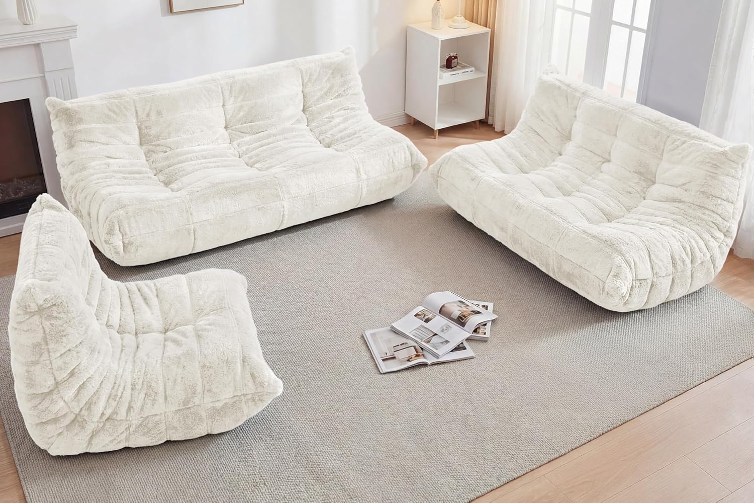 Bean Bag 3-Seater Chair Big Sofa Beanbag Chair for Adults Fireside Chair Bean Bag Lounger with Memory Foam Filled for Home,Apartment or Gaming Venue（Beige Plush）