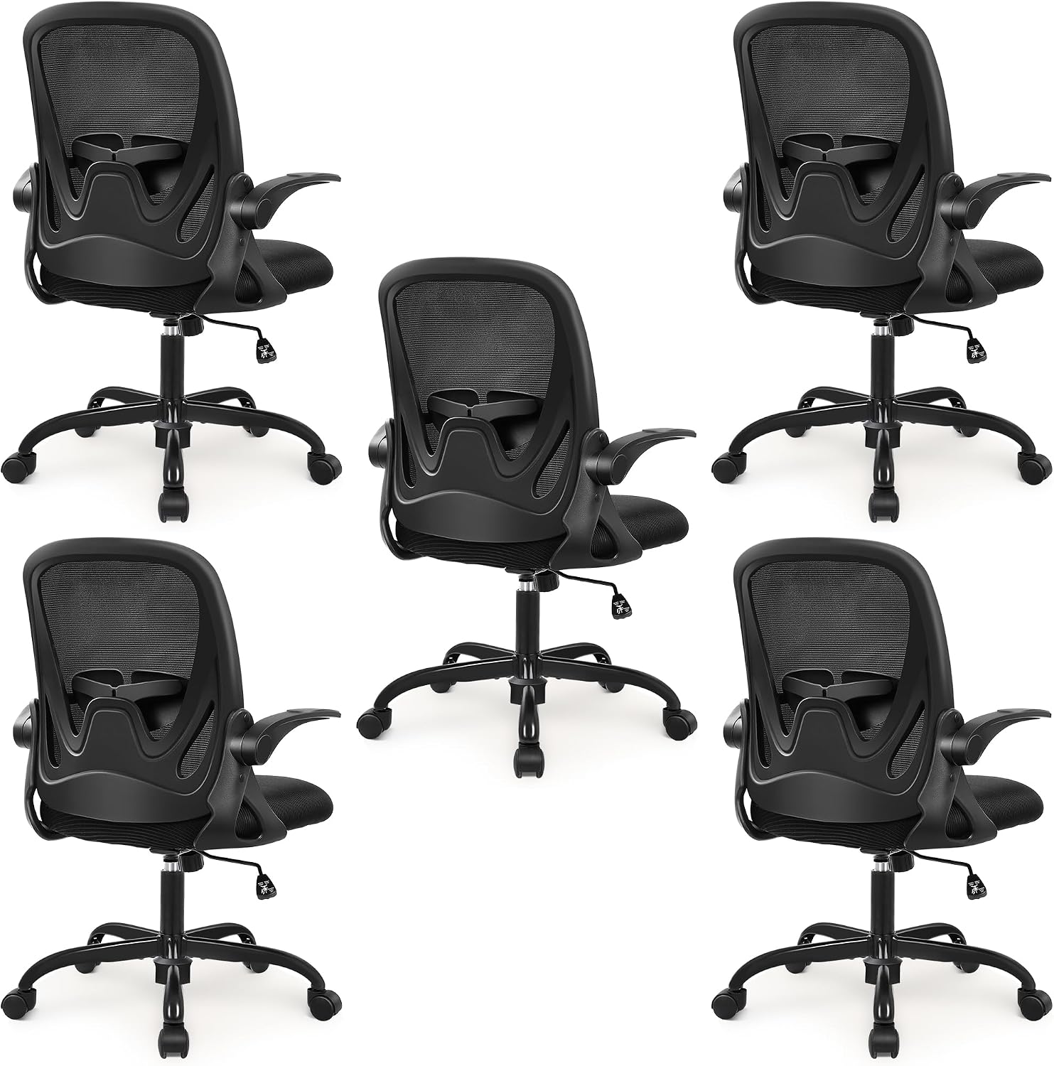 Primy 5-Pack Office Chair Ergonomic Desk Chair with Flip up Armrests Swivel Breathable Desk Mesh Computer Chair with Adjustable Lumbar Support and Height for Conference Room (Black)