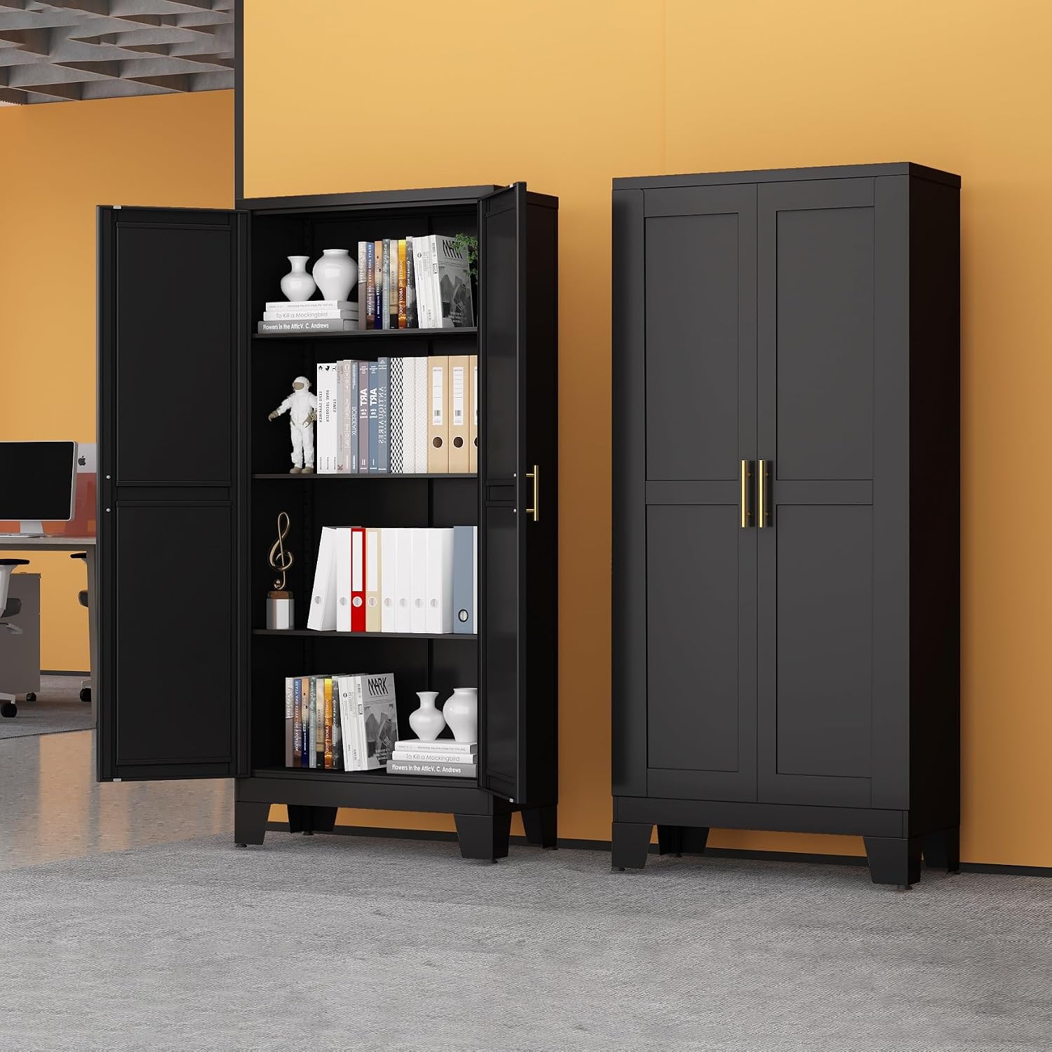 Black Metal Storage Cabinet, 61' Steel Cabinets for Home Office, Kitchen Pantry Storage Cabinet with Doors and 3 Adjustable Shelves, Metal Tool Cabinet, for Office, Home, Garage, School