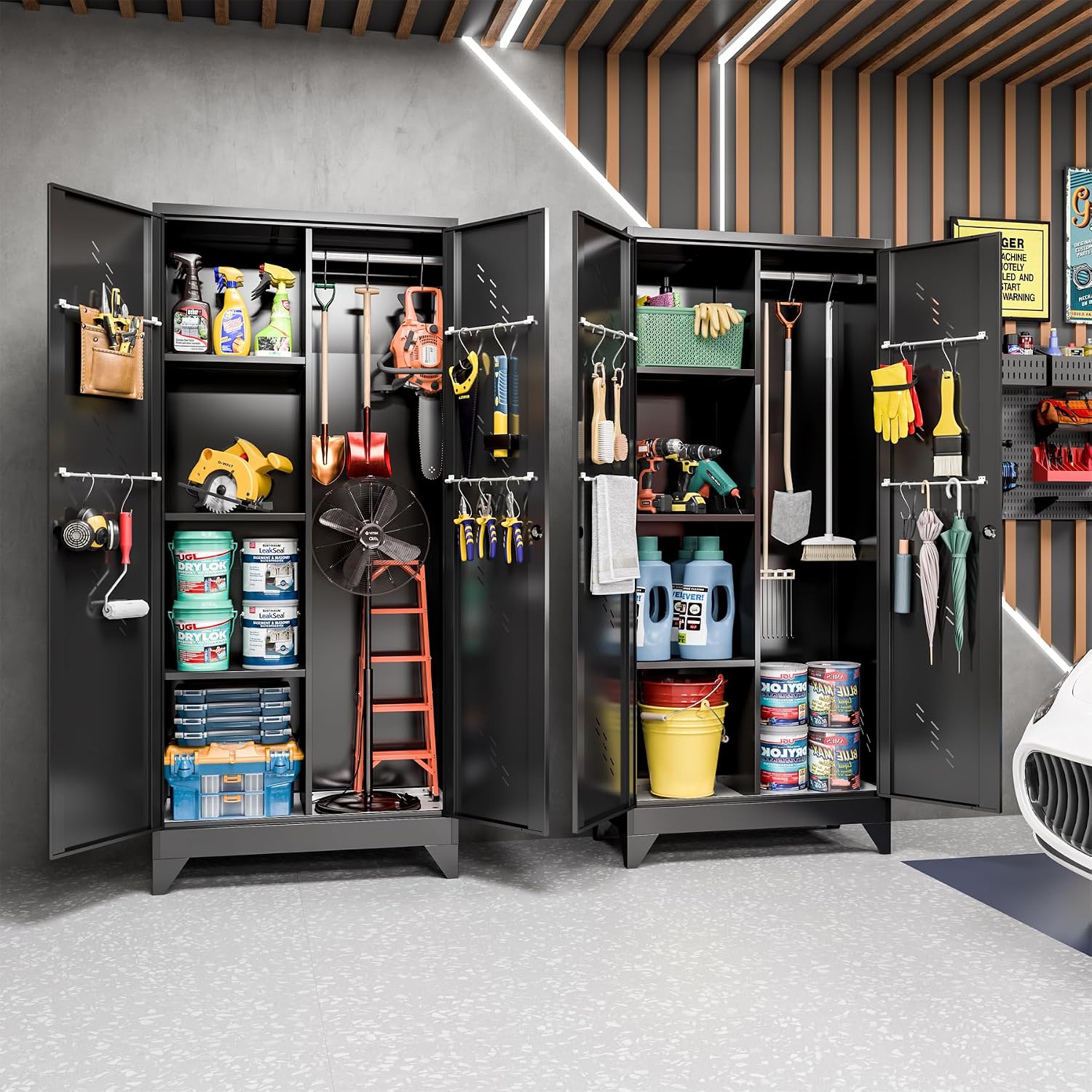 OSEILLC 71'' Metal Storage Cabinet with Doors, Multifunctional Bathroom/Garage Lockable Steel Cabinet, Broom Closet Storage with Hanging Rod (Style-1)