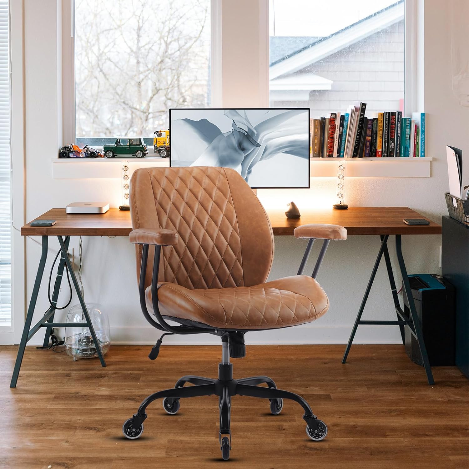 YFO Home Office Desk Chair Office Rubber Casters Ergonomic Computer Chair with Lumbar Support Adjustable Height Rolling Swivel Executive Task Armrests Chair， Brown Leather