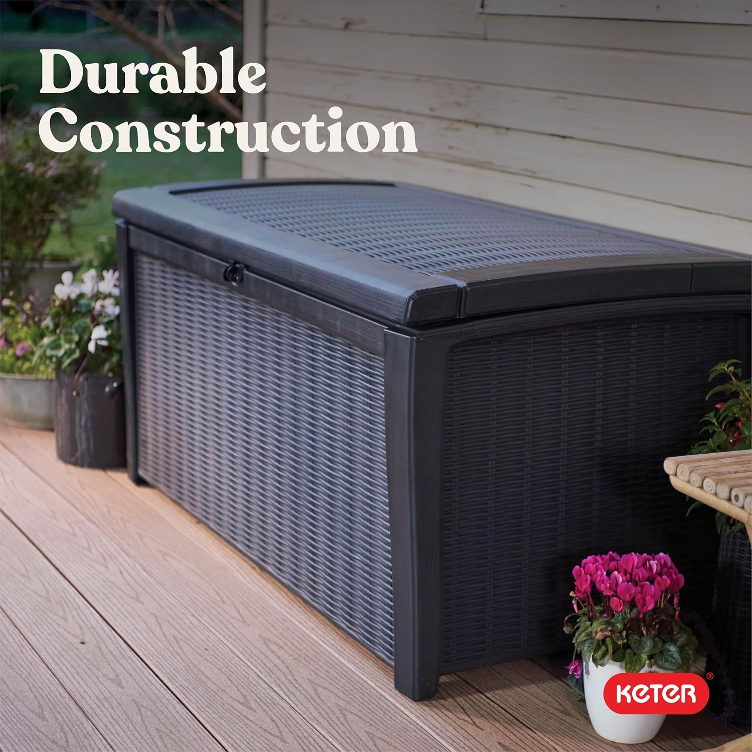Keter Outdoor Storage Deck Box for Patio, Backyard & Garden, Borneo, 110 Gal, Grey - Lockable, Organizing, and Waterproof Plastic Container Bench