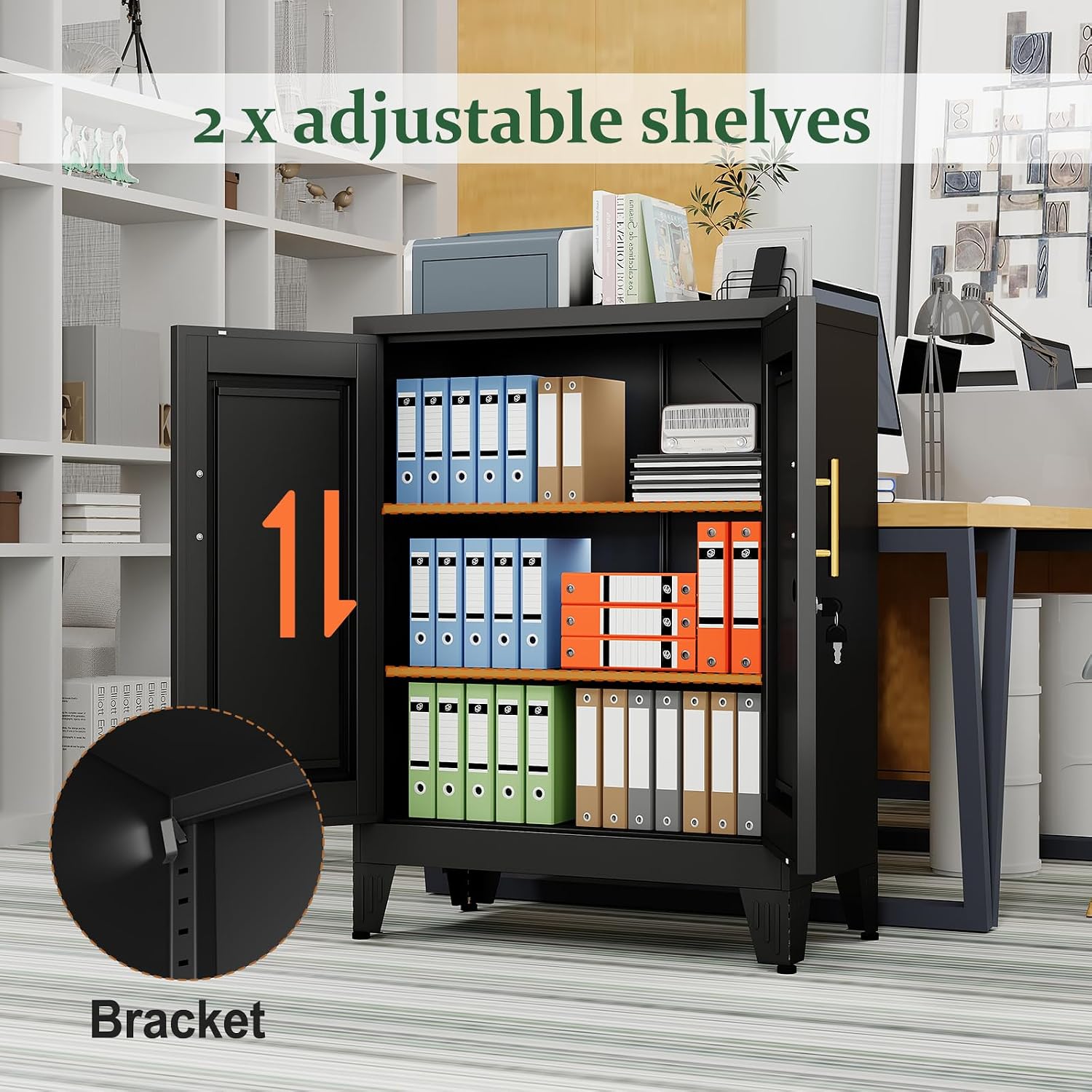 Black Metal Storage Cabinet, 36' Tall Locking Storage Cabinet with 2 Adjustable Shelves, Steel Locker Organizer, for Office, Home, School, 2PS