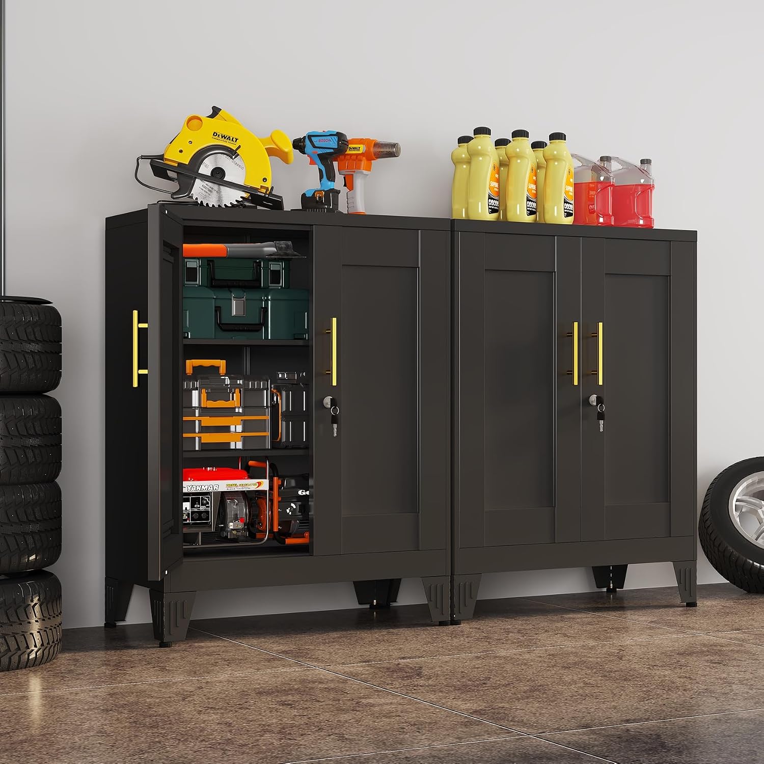 Black Metal Storage Cabinet, 36' Tall Locking Storage Cabinet with 2 Adjustable Shelves, Steel Locker Organizer, for Office, Home, School, 2PS