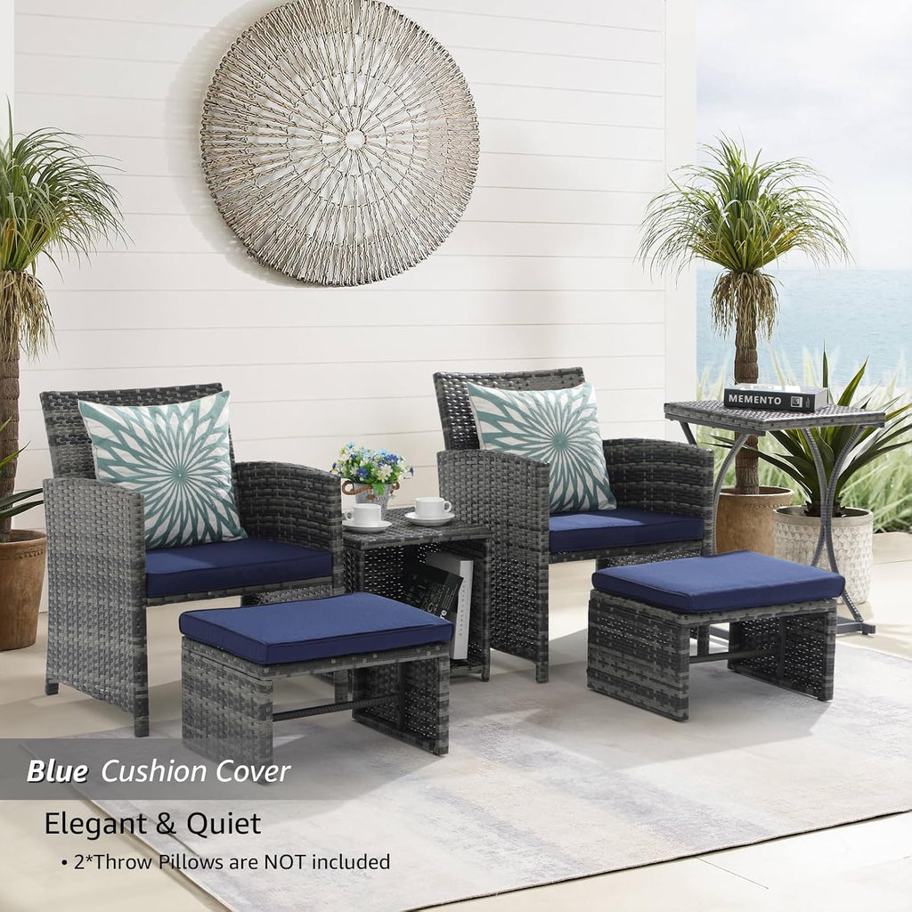 OC Orange-Casual 6 Piece Patio Furniture Conversation Set with Ottoman, Outdoor Grey Wicker Chair and Table Set, Balcony Furniture for Apartments, Navy Blue