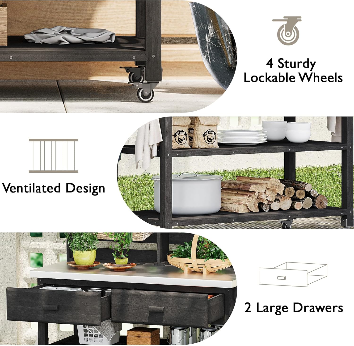 Outdoor Potting Bench Table with Lockable Wheels, Solid Wood Outdoor Kitchen Island with Upper Hutch, Stainless Steel Top, Storage for Grilling, Lawn & Garden