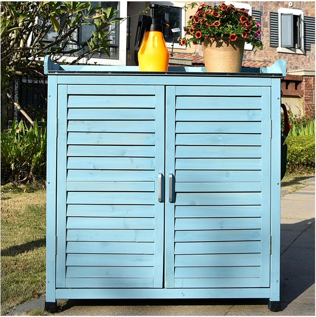 Furniture Waterproof Tool Shed Outdoor Garden Patio Storage Cabinet with Potting Benches Outdoor Work Station Table (Color : Blue)