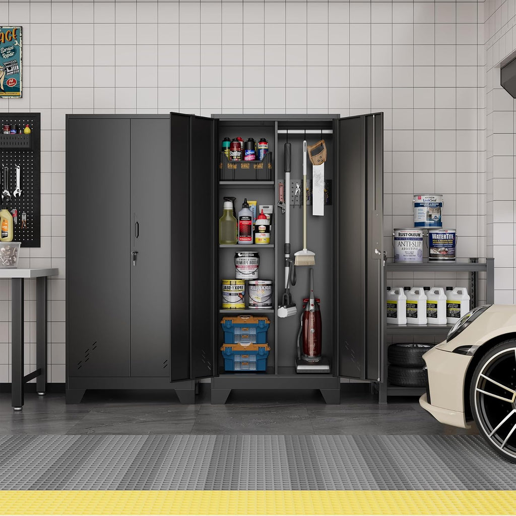 OSEILLC Metal Storage Cabinet with Locking Doors, 61' Tall Garage with Hanging Rod, Broom Closet, Freestanding Bathroom Storage Cabinet, Cleaning Tool,Utility Cabinets for Storage Locker,Black