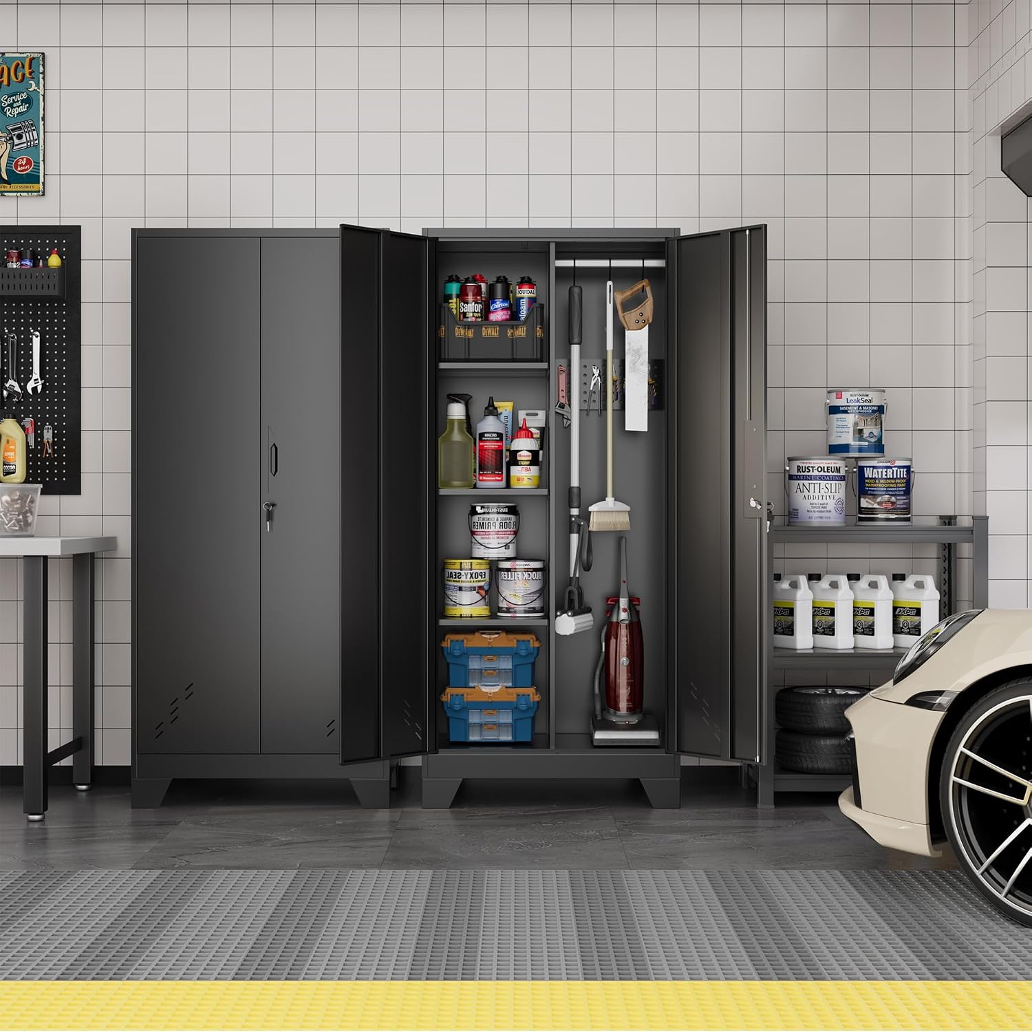 OSEILLC Metal Storage Cabinet with Locking Doors, 61' Tall Garage with Hanging Rod, Broom Closet, Freestanding Bathroom Storage Cabinet, Cleaning Tool,Utility Cabinets for Storage Locker,Black