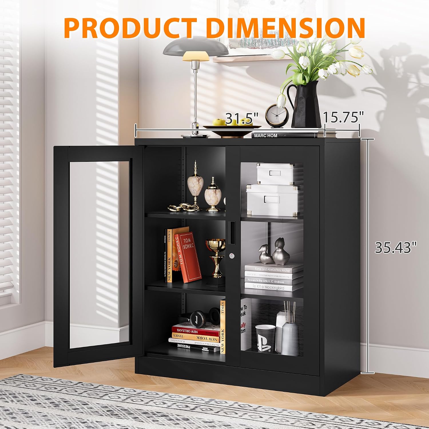 Lockable Display Cabinet with Acrylic Doors and Adjustable Shelves, Metal Storage Cabinet Curio Liquor Cabinet, Display Case Bookcase for Home Office, Pantry(Black)