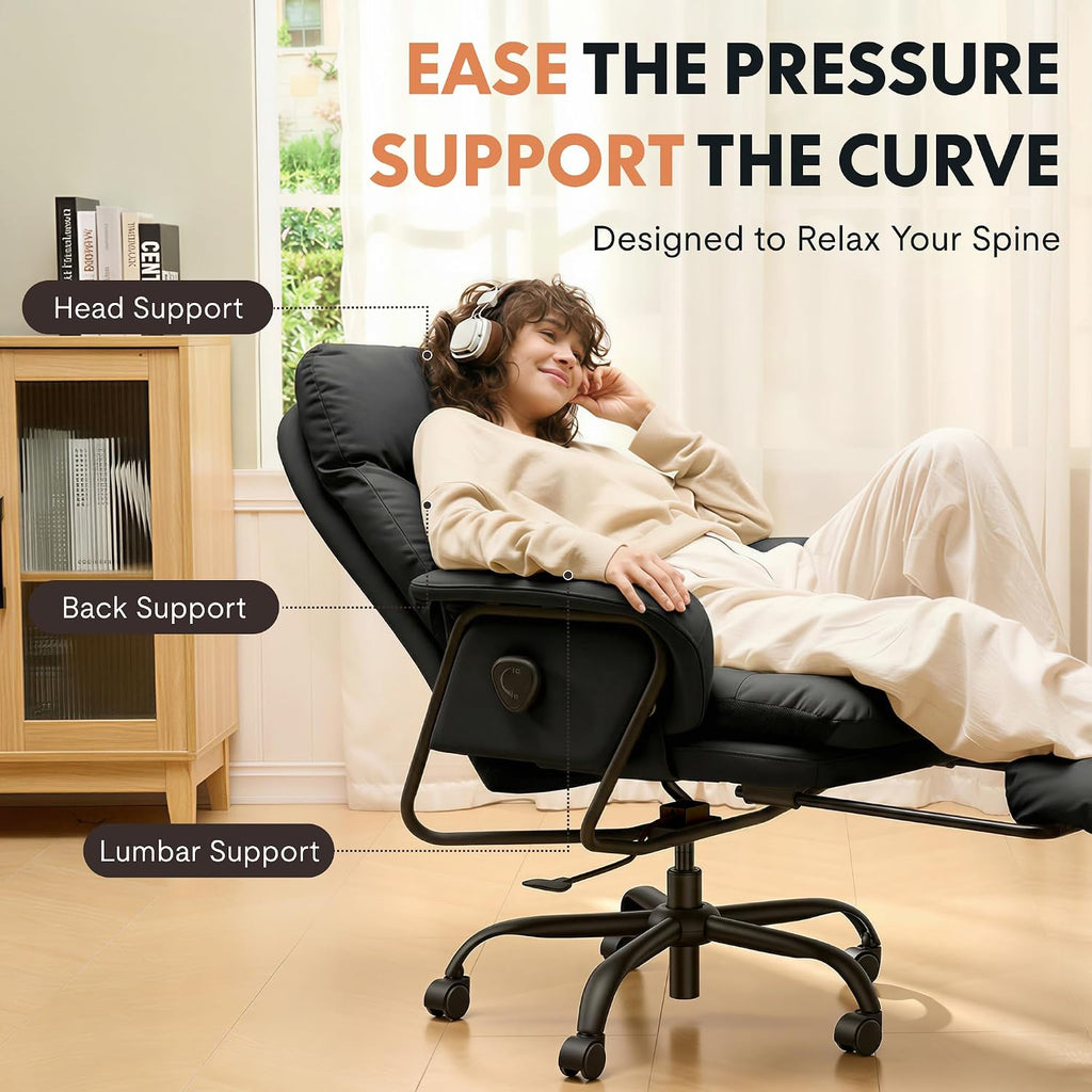 FLEXISPOT Ergonomic Office Chair with Footrest 90-165° Reclining High Back Desk Chairs Indoor Lounge Chair with Wheels Lumbar Support Pillow, Chairs for Working Relaxing Cross Legged, Leather, Black