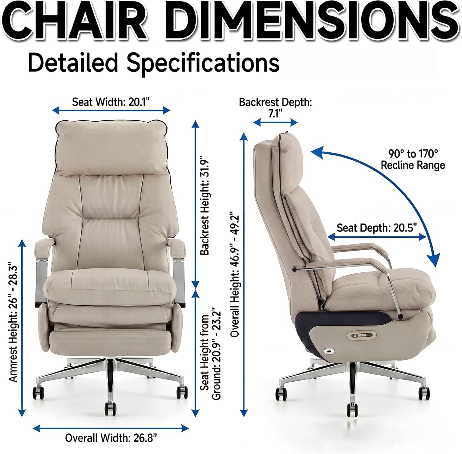 Dual Motor Executive Reclining Office Chair with Footrest – One-Click Electric Recline, Massage Lumbar Support & Pillow, Big and Tall PU Leather Ergonomic Desk Chair for Home Office/Gaming(White)