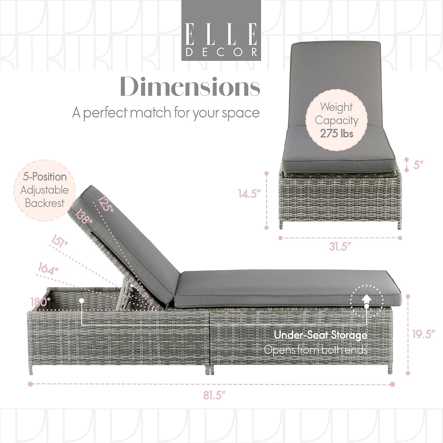 Elle Decor Vallauris Patio Outdoor Furniture Collection, Premium All Weather Wicker, Storage Chaise Lounge, Gray