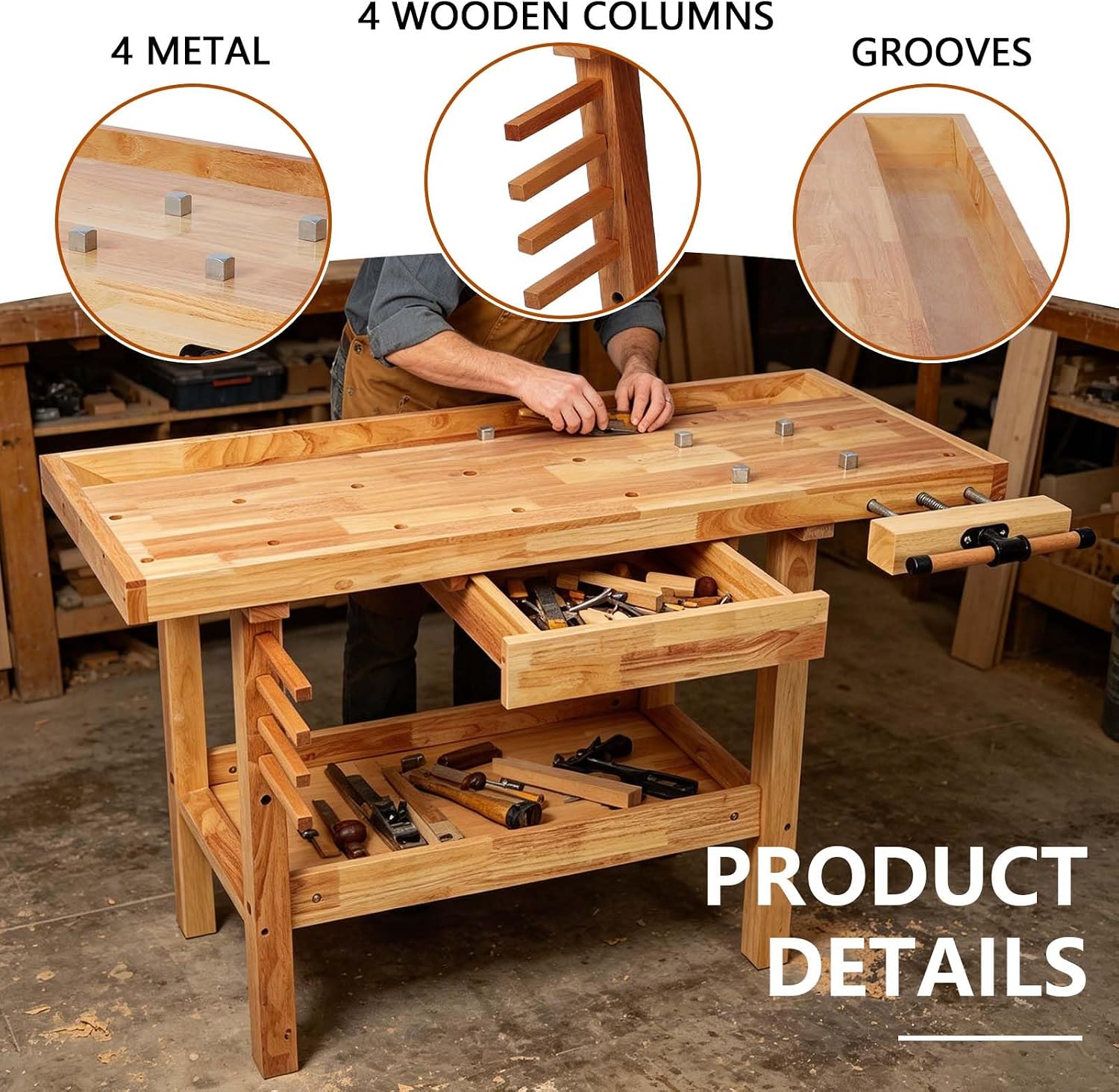 55' Rubber Wood Workbench, Heavy Duty Work Bench with Drawer& Shelf, Work Bench Table for Garage, Workshop, Home Storage, Woodworking Bench, 330 lbs Weight Capacity (48')