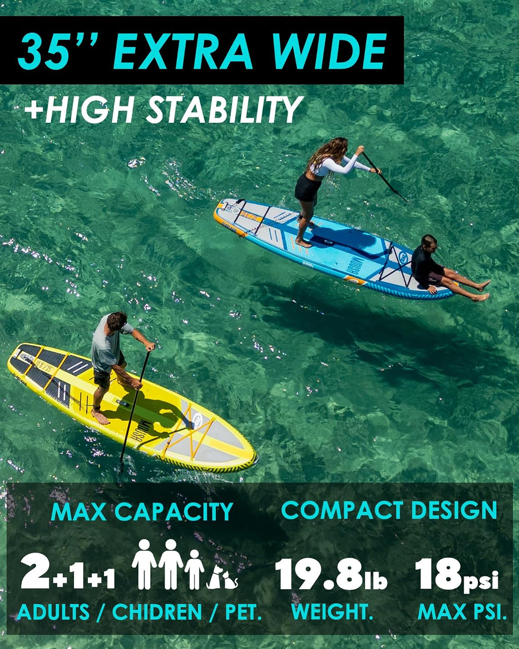 MOUSA 10'8/11'×35' Extra Wide Inflatable Stand Up Paddle Board, Stable Paddleboard SUP for 2 People/Family, Anti-Slip Full EVA Deck, 3 Handles, 100L Backpack, All-Round Sup Board, Big Fin