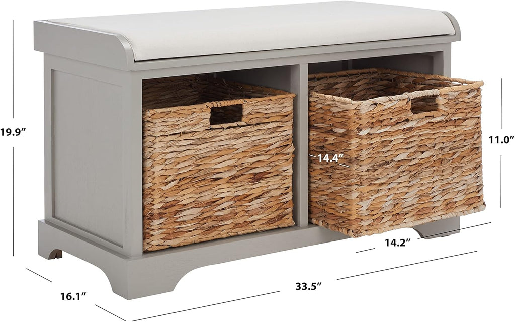 SAFAVIEH Home Collection – Freddy Vintage Grey Storage Bench with Wicker Baskets & Cushion, Entryway Seating Bench, Fully Assembled (AMH5736F)