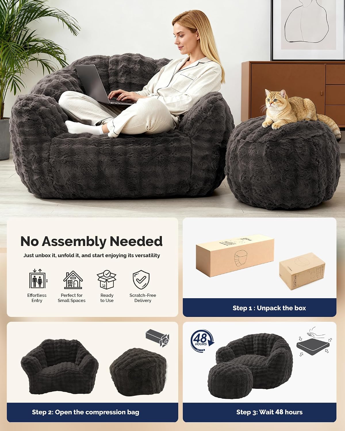 KINGYES Giant Bean Bag Chair with Ottoman, 3 in 1 Bean Bag Couch with Memory Foam Filler,Gaming Chair for Adults, Bean Bag for Kids & Teen, Dark Gray