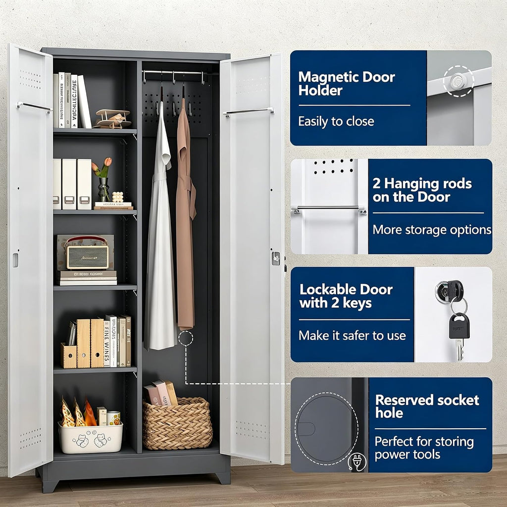 Metal Storage Cabinet 72' Tall, Garage Storage Cabinet with Lockable Doors & Shelves, Utility Broom Closet, Steel Tool Cabinet for Garage, Laundry Room, Home Office, Grey/White