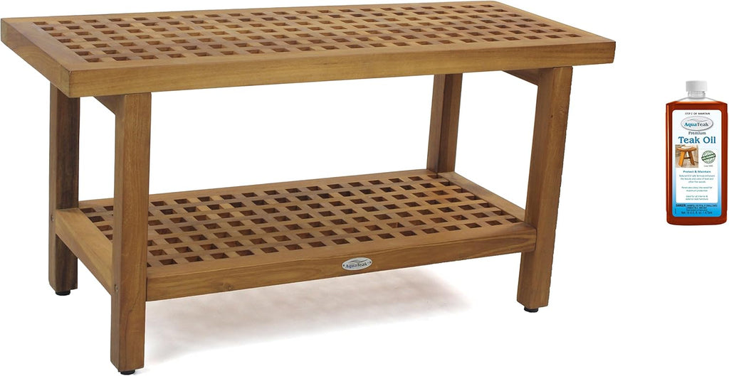 AquaTeak The Original 36' Grate Teak Shower Bench with Shelf Premium Teak Oil
