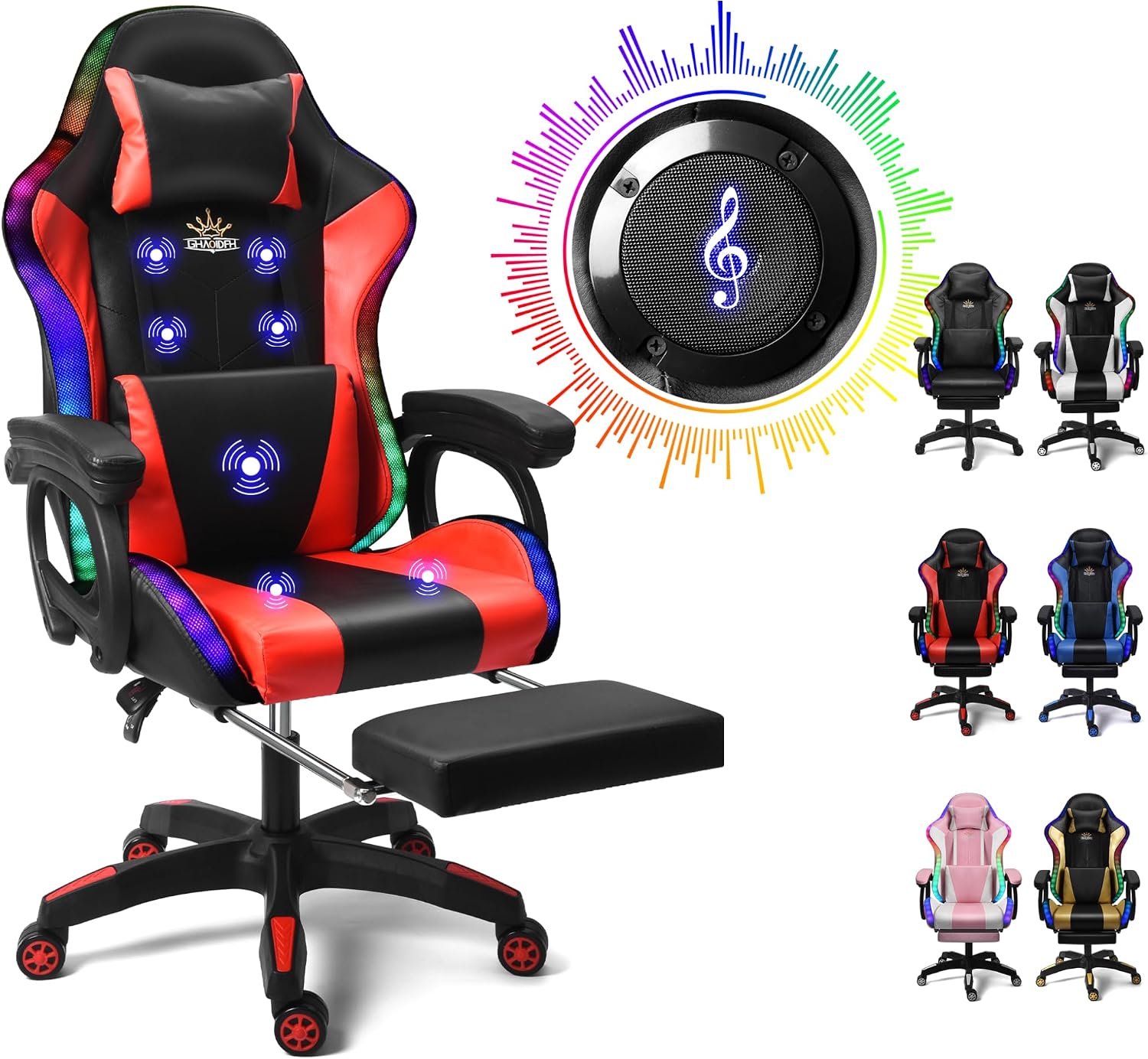 Gaming Chair with LED Lights and Speakers, Ergonomic Pro Video Game Chair with Massage and Footrest, for Adults, Teens, and Kids - Perfect for Gaming, Office, and Working. (Black + Red)