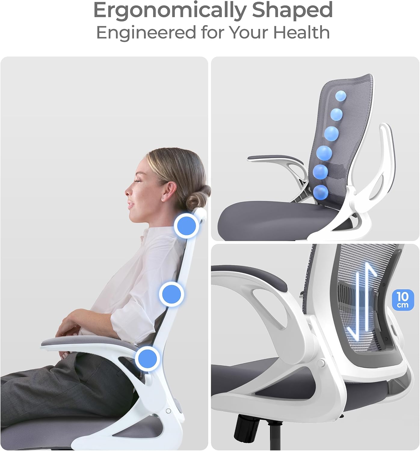 Tervo Model U | Folding Office Chair for Small Spaces | Gaming Chair for Adults & Kids | Ergonomic Mesh Computer Chair for Bedroom | Foldable Desk Chair for Home Work (White & Grey)