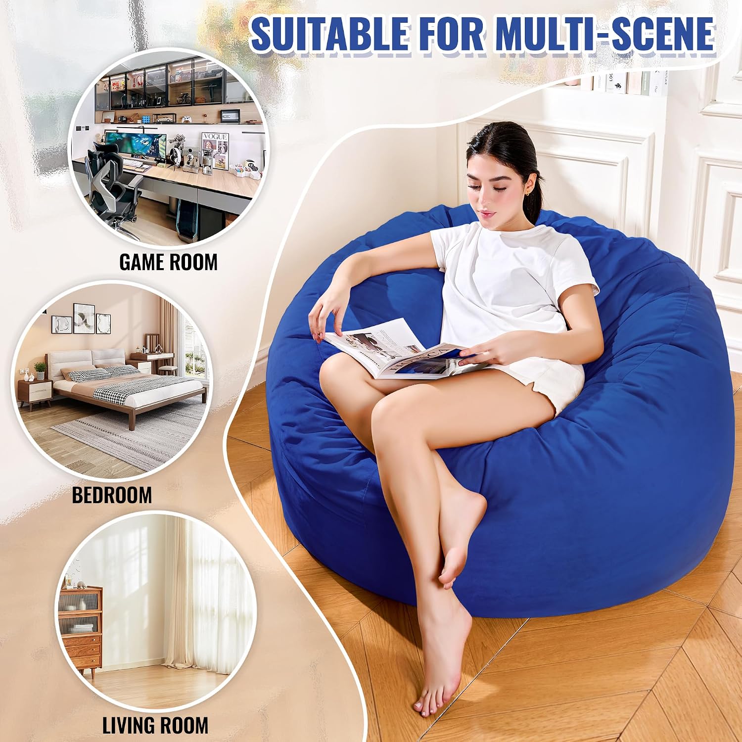 4FT Bean Bag Chair, Bean Bag Chairs for Adults and Kids, Fluffy and Comfy Bean Bag with Velvet Cover, Bean Bag with Memory Foam Filled for Gaming, Living Room, Playroom (Blue)