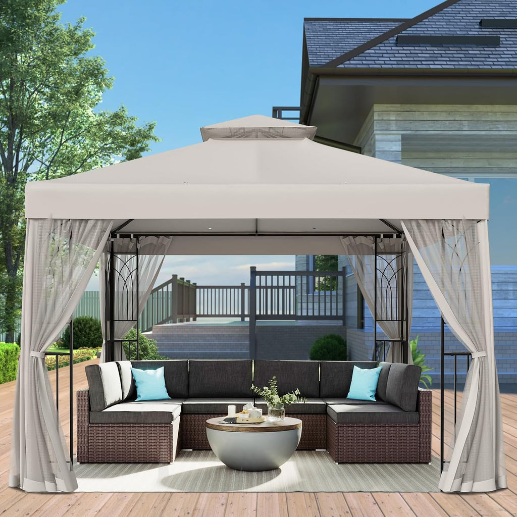 EAGLE PEAK 10x10 Patio Gazebo with Mesh Netting, Double Roof Outdoor Pavilion with Corner Shelves for Lawn, Deck, Garden and Backyard, Beige